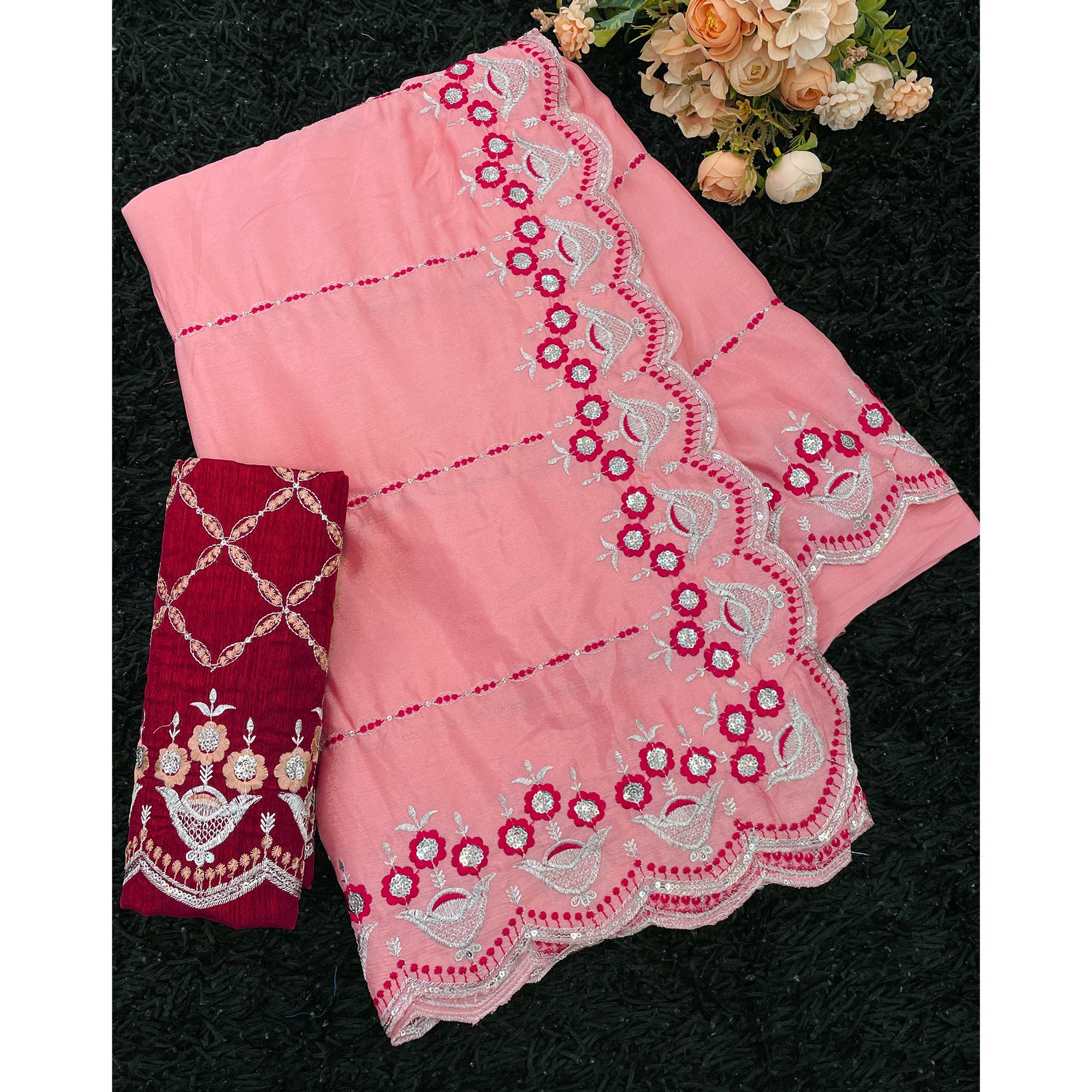 Peach Sequins Embroidered Chinon Saree