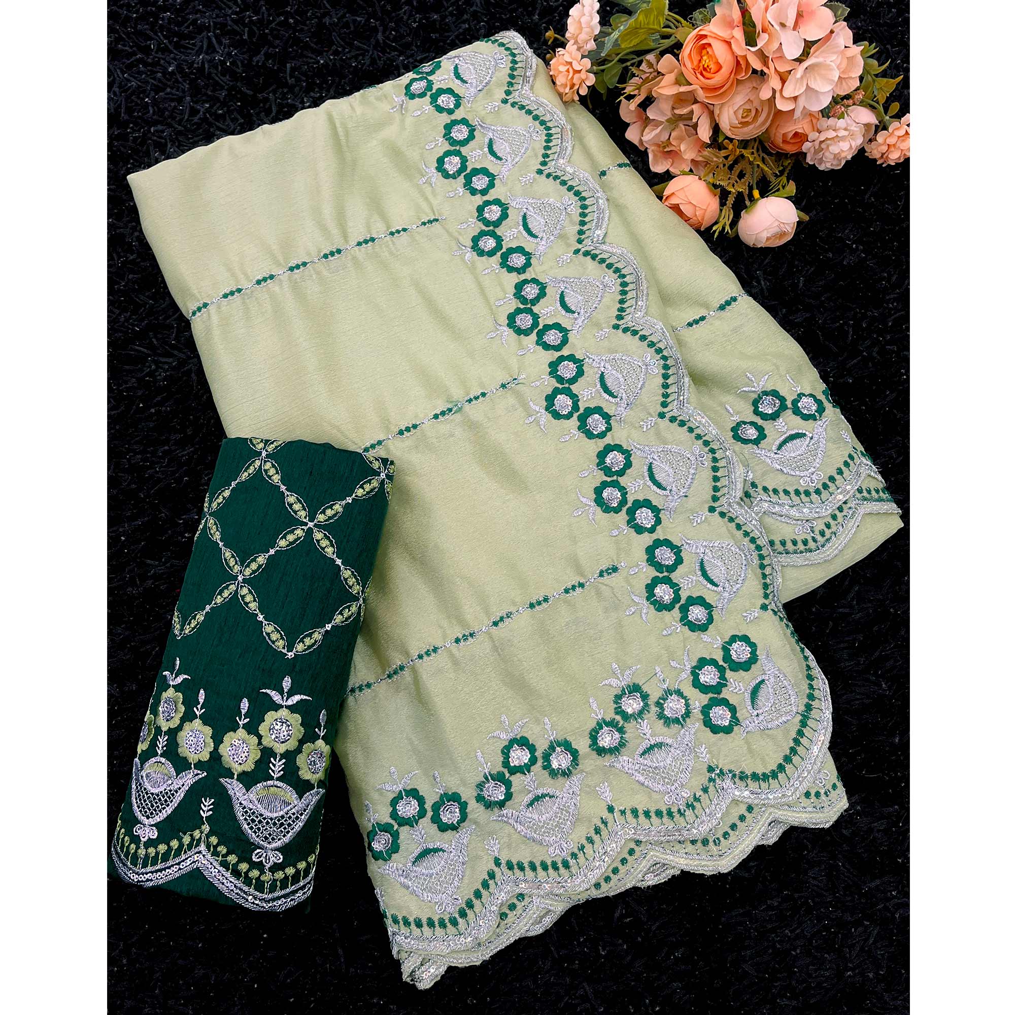 Pista Green Sequins Embroidered Chinon Saree