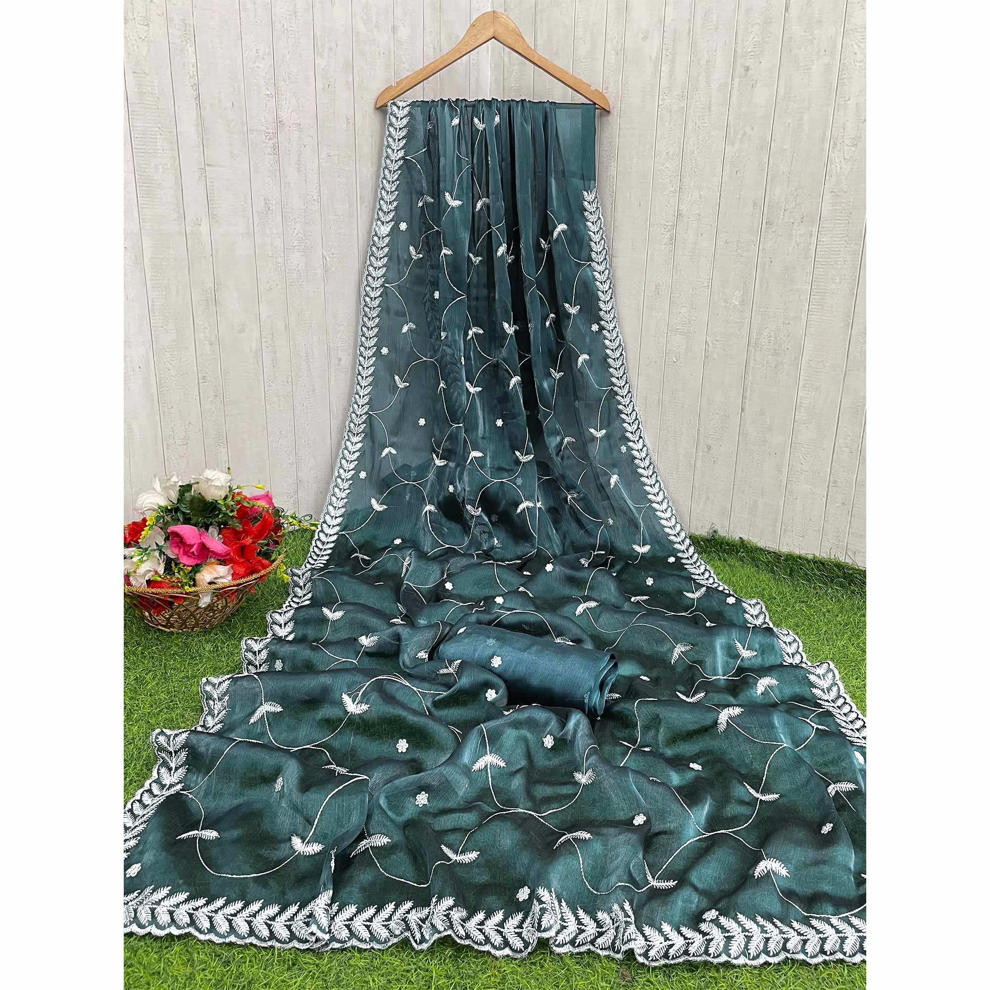 Dark Morpich Sequins Embroidered Chiffon Silk Saree