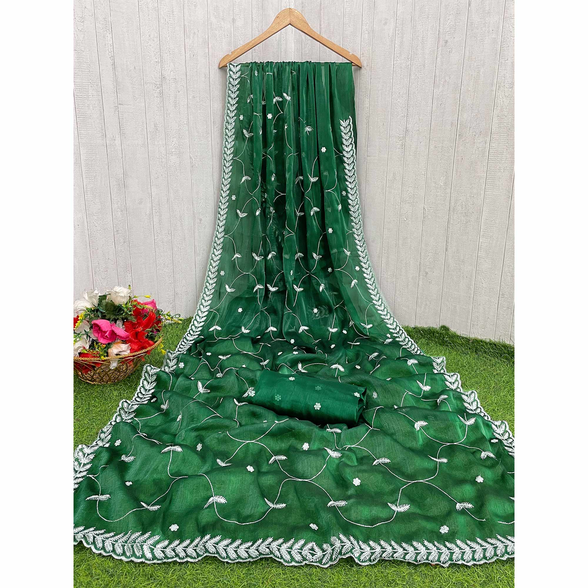 Green Sequins Embroidered Chiffon Silk Saree