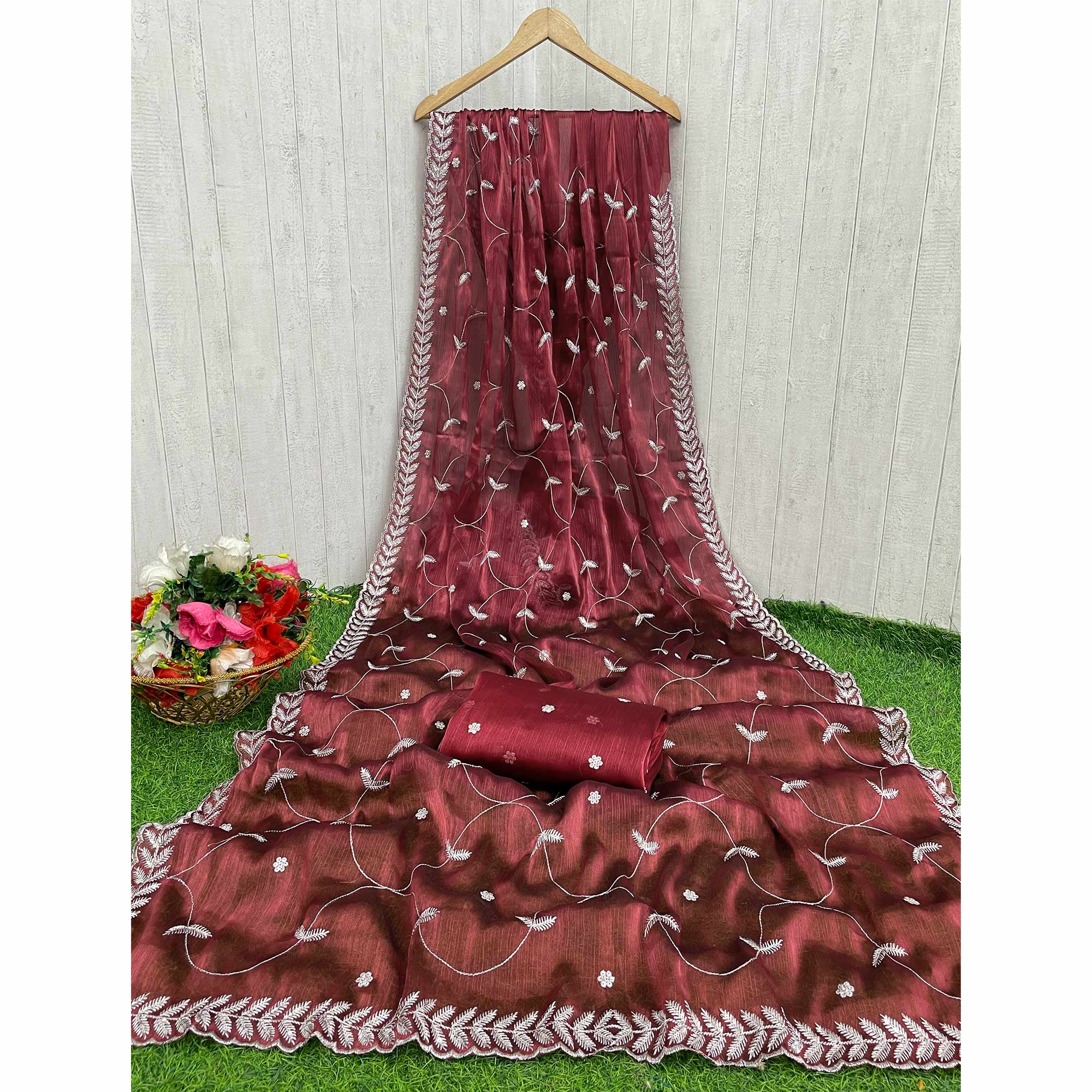 Maroon Sequins Embroidered Chiffon Silk Saree