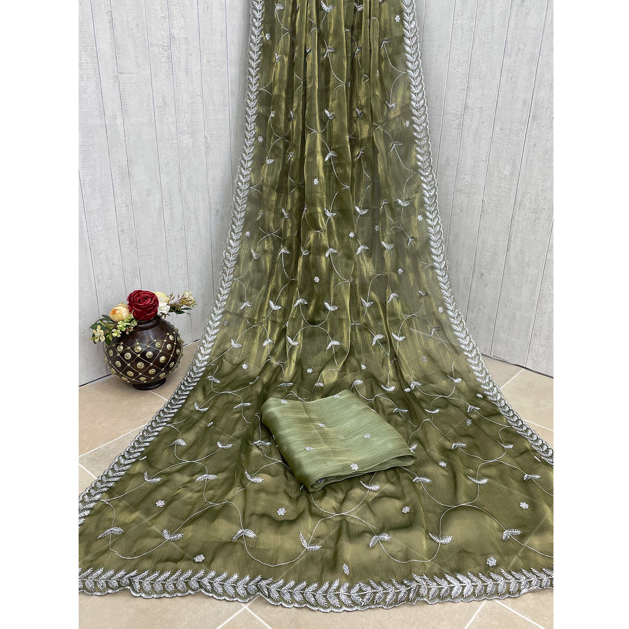 Olive Green Sequins Embroidered Chiffon Saree