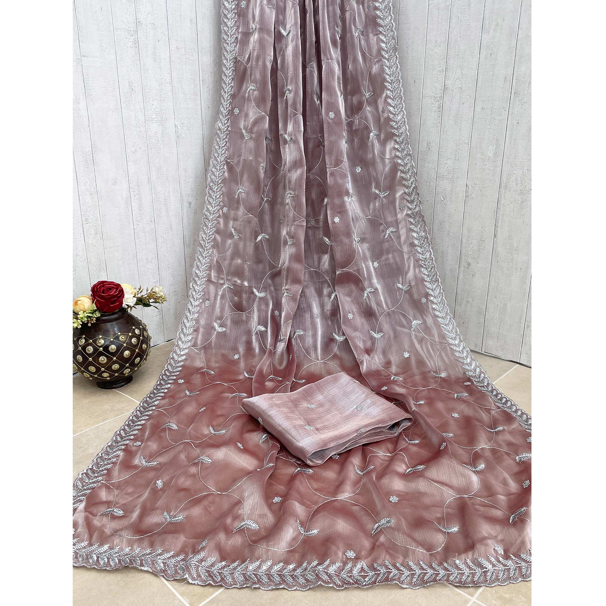 Powder Pink Sequins Embroidered Chiffon Saree