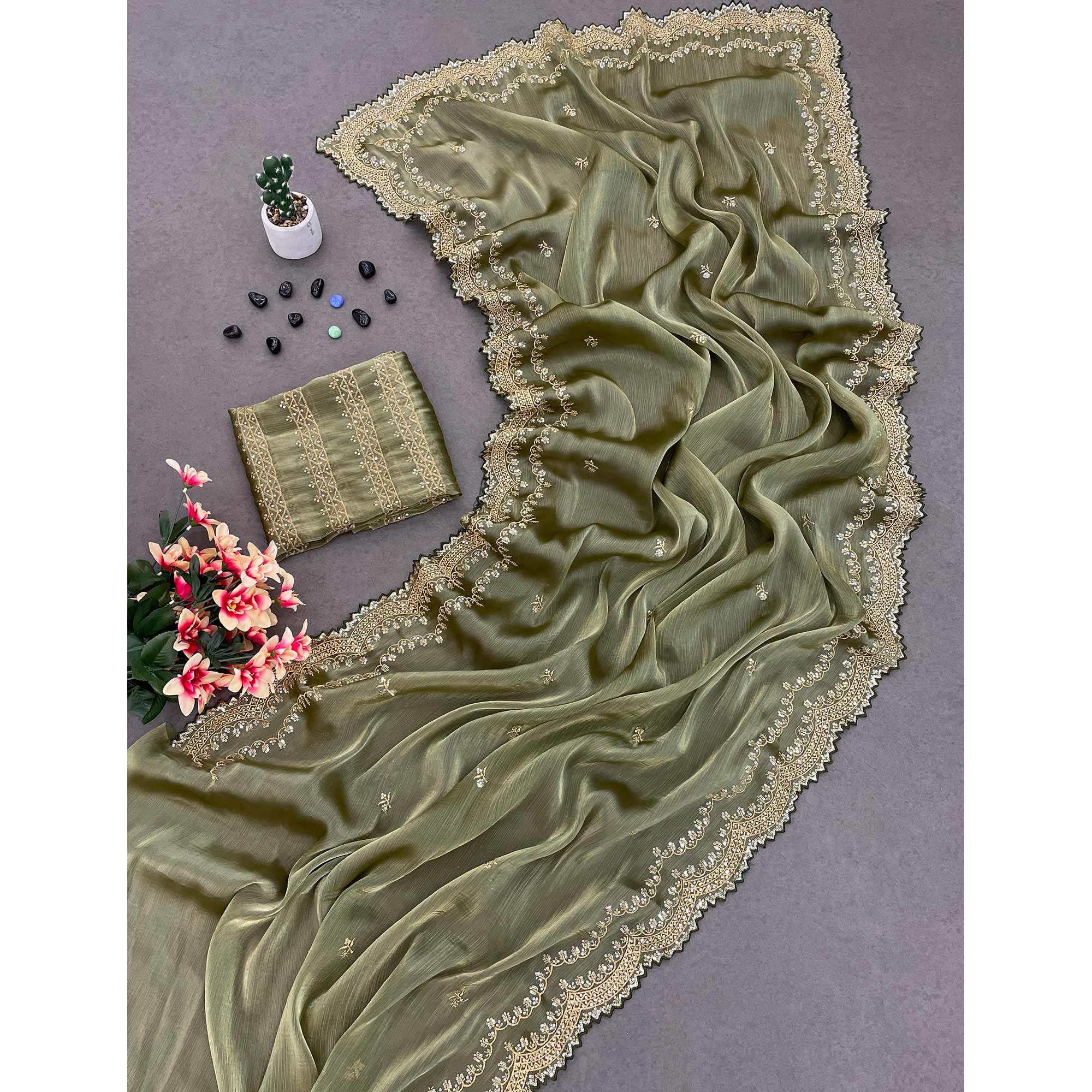 Olive Green Sequins Embroidered Chiffon Saree