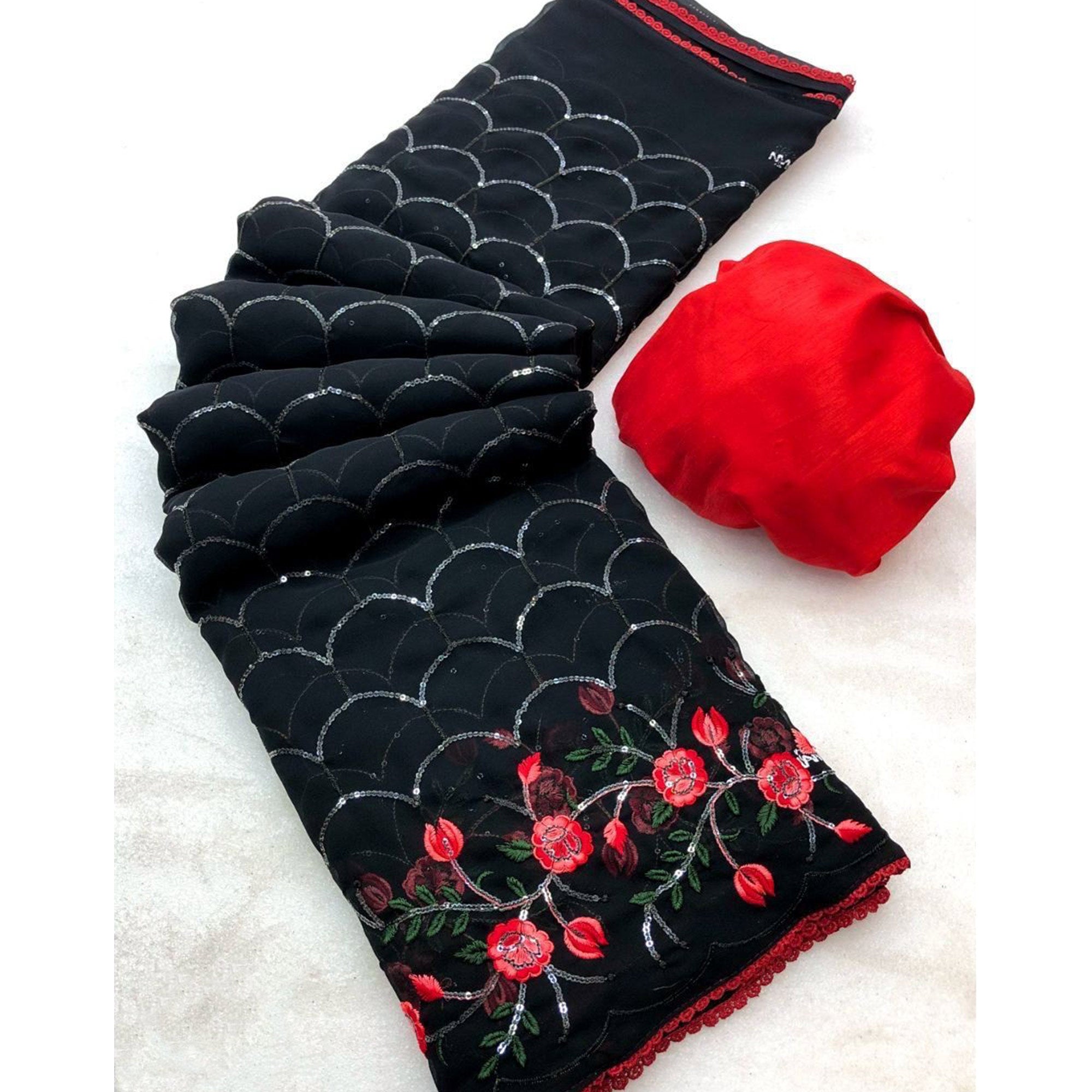 Black Floral Embroidered Georgette Saree