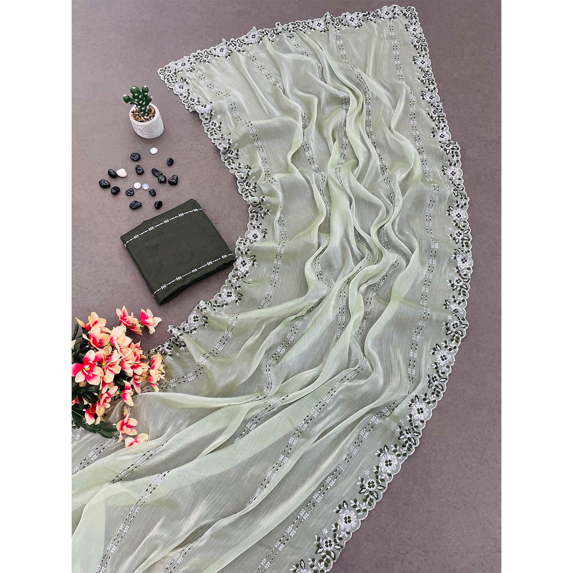 Green Sequins Embroidered Chiffon Saree