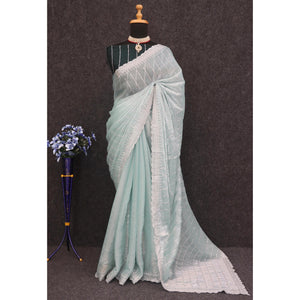 Blue Sequins Embroidered Chiffon Silk Saree