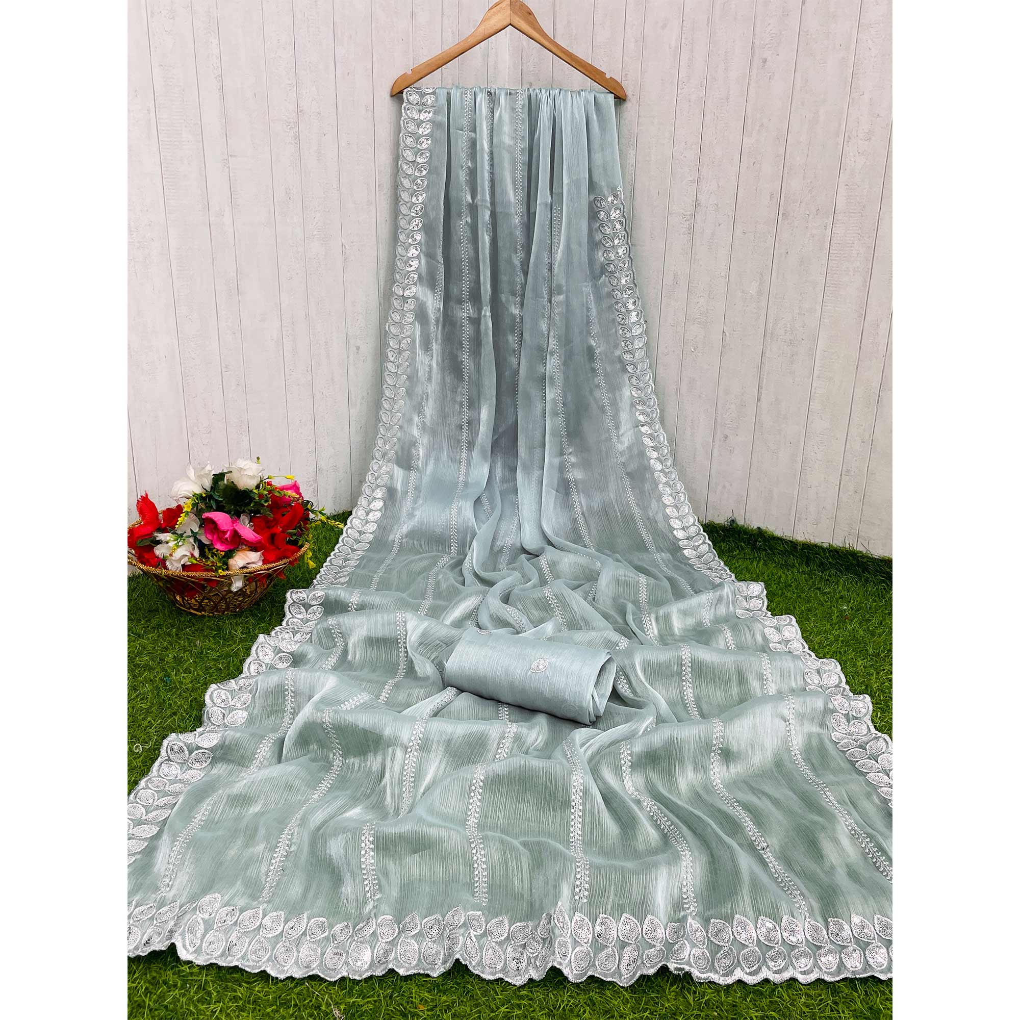 Blue Sequins Embroidered Chiffon Silk Saree