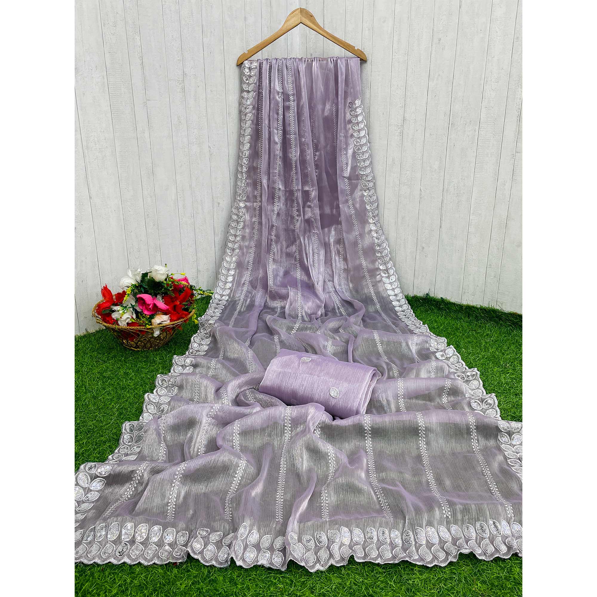 Lavender Sequins Embroidered Chiffon Silk Saree