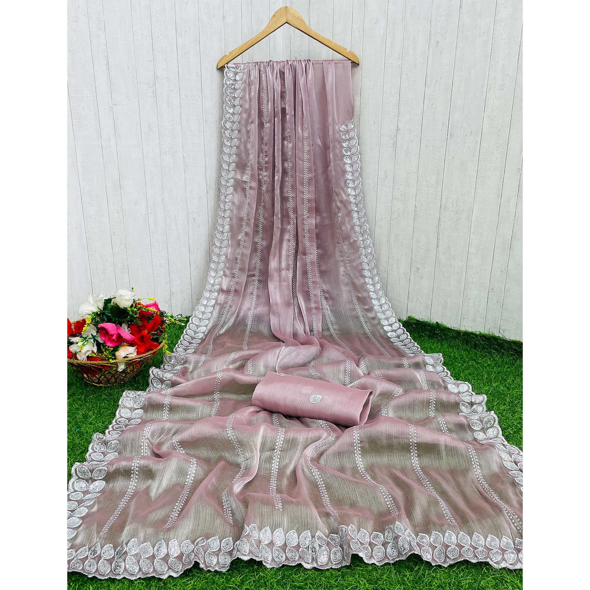 Light Mauve Sequins Embroidered Chiffon Silk Saree