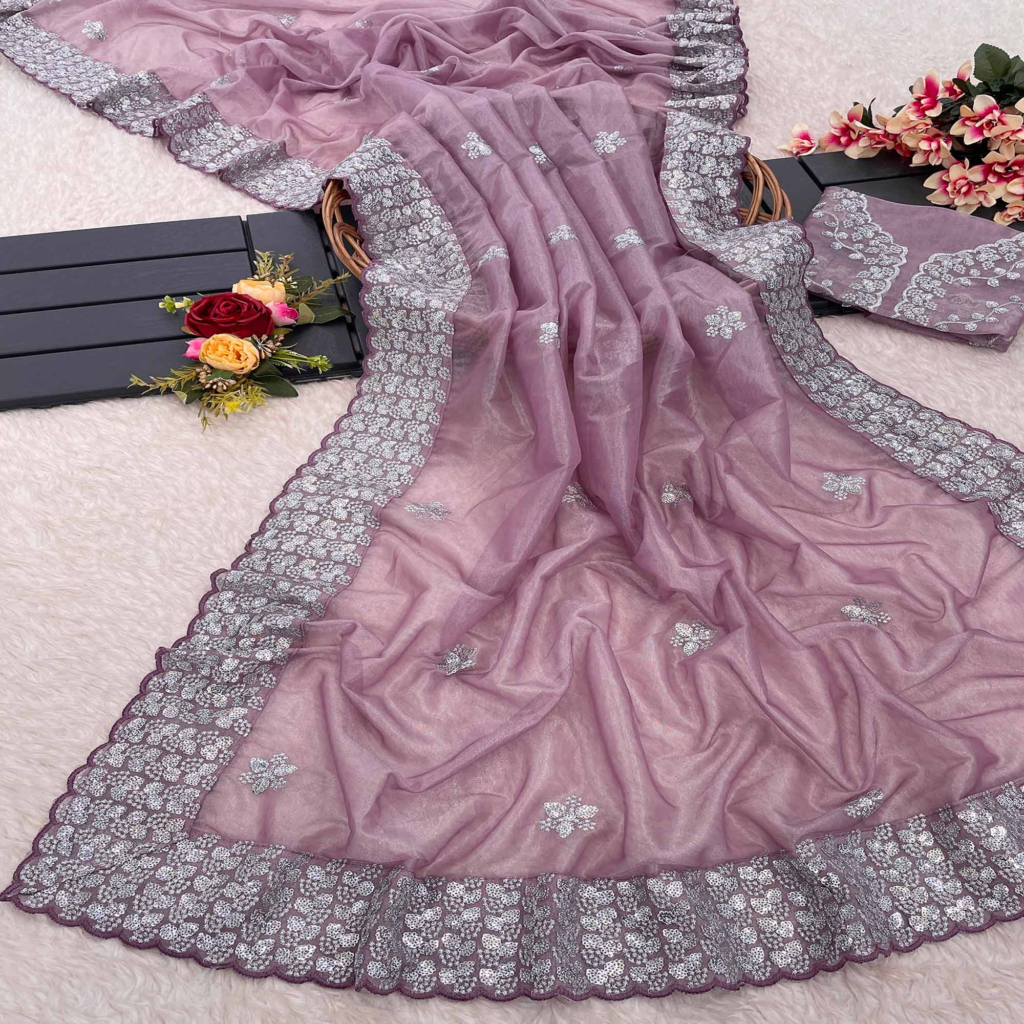 Mauve Floral Embroidered Net Saree