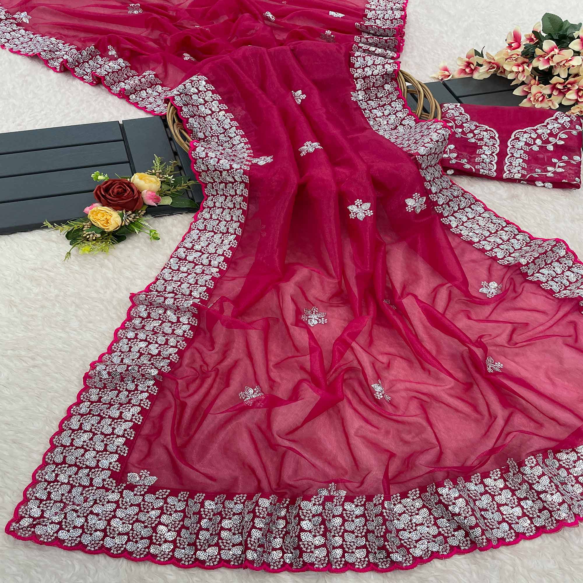 Pink Floral Embroidered Net Saree