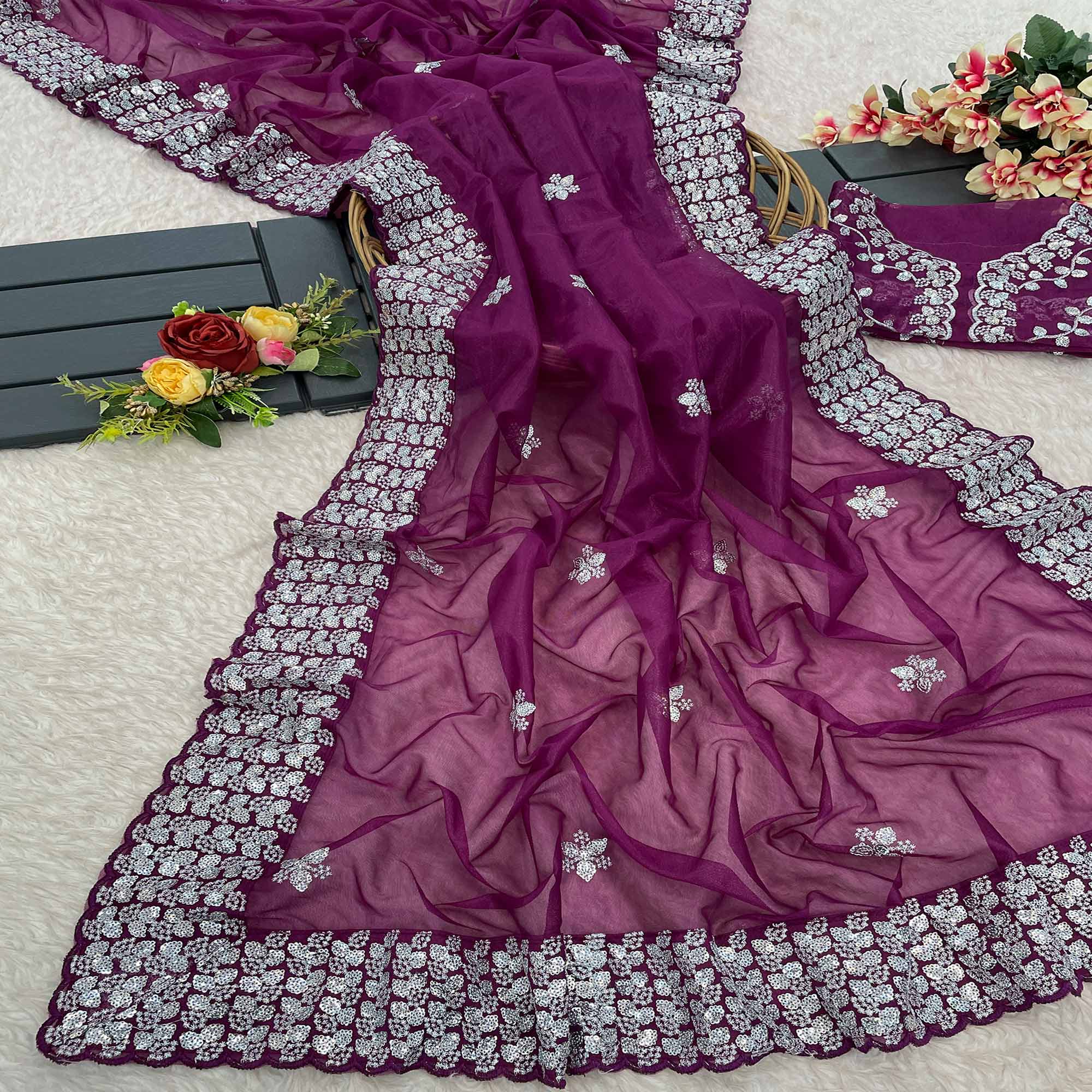Purple Floral Embroidered Net Saree