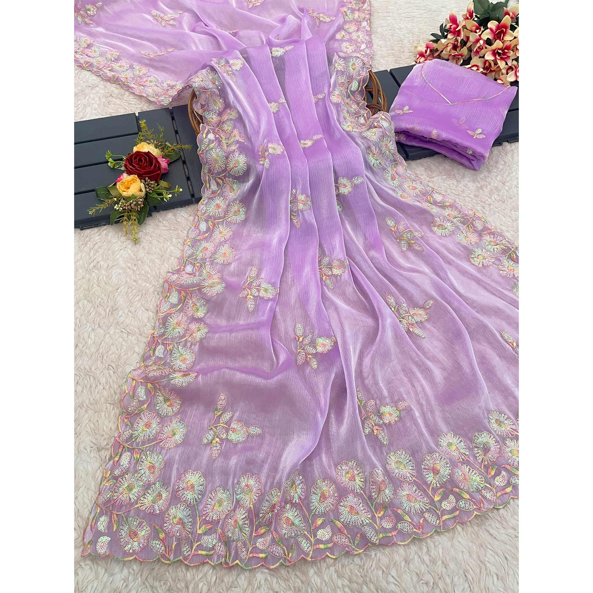 Purple Sequins Embroidered Chiffon Saree