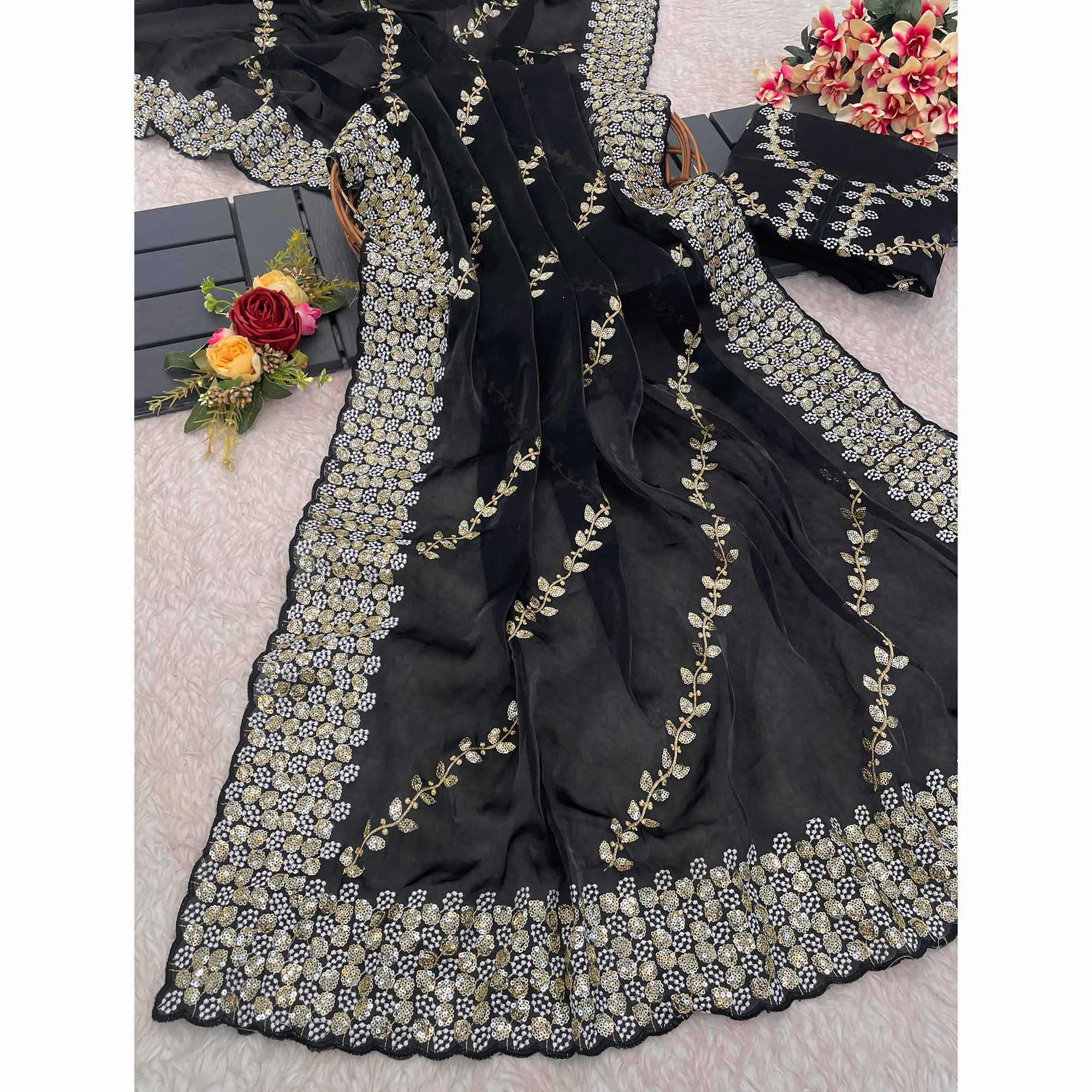 Black Sequins Embroidered Satin Saree