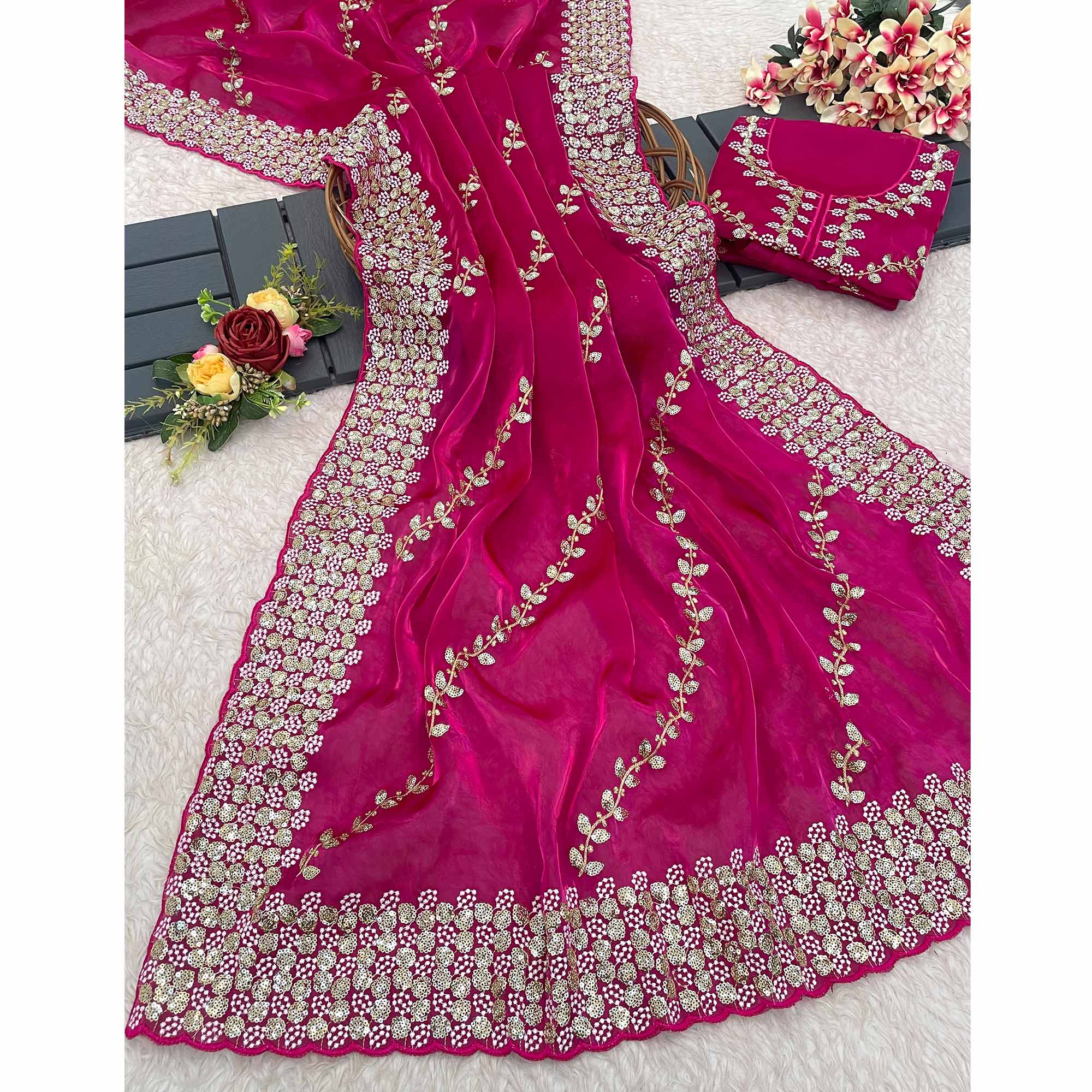 Pink Sequins Embroidered Satin Saree