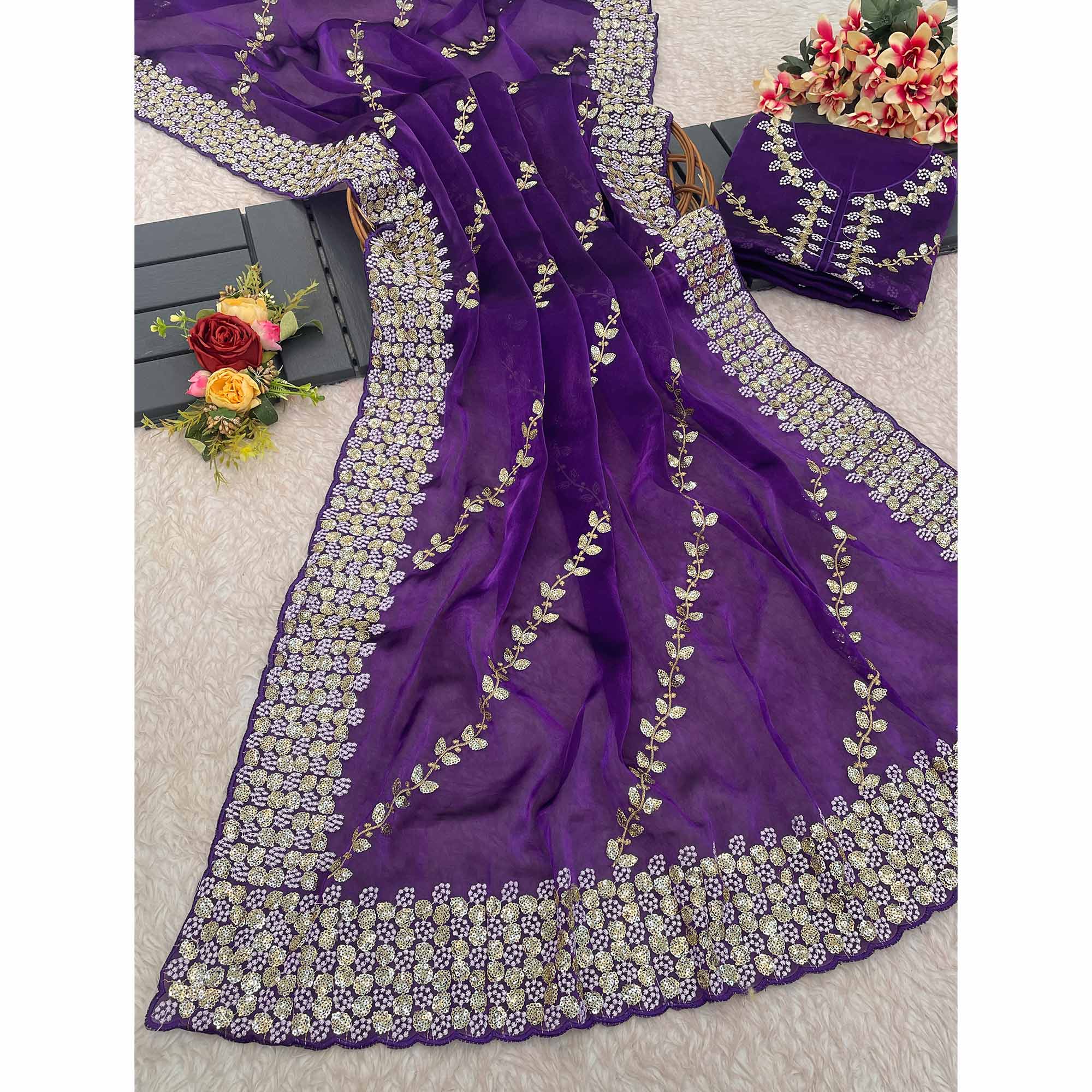 Purple Sequins Embroidered Satin Saree