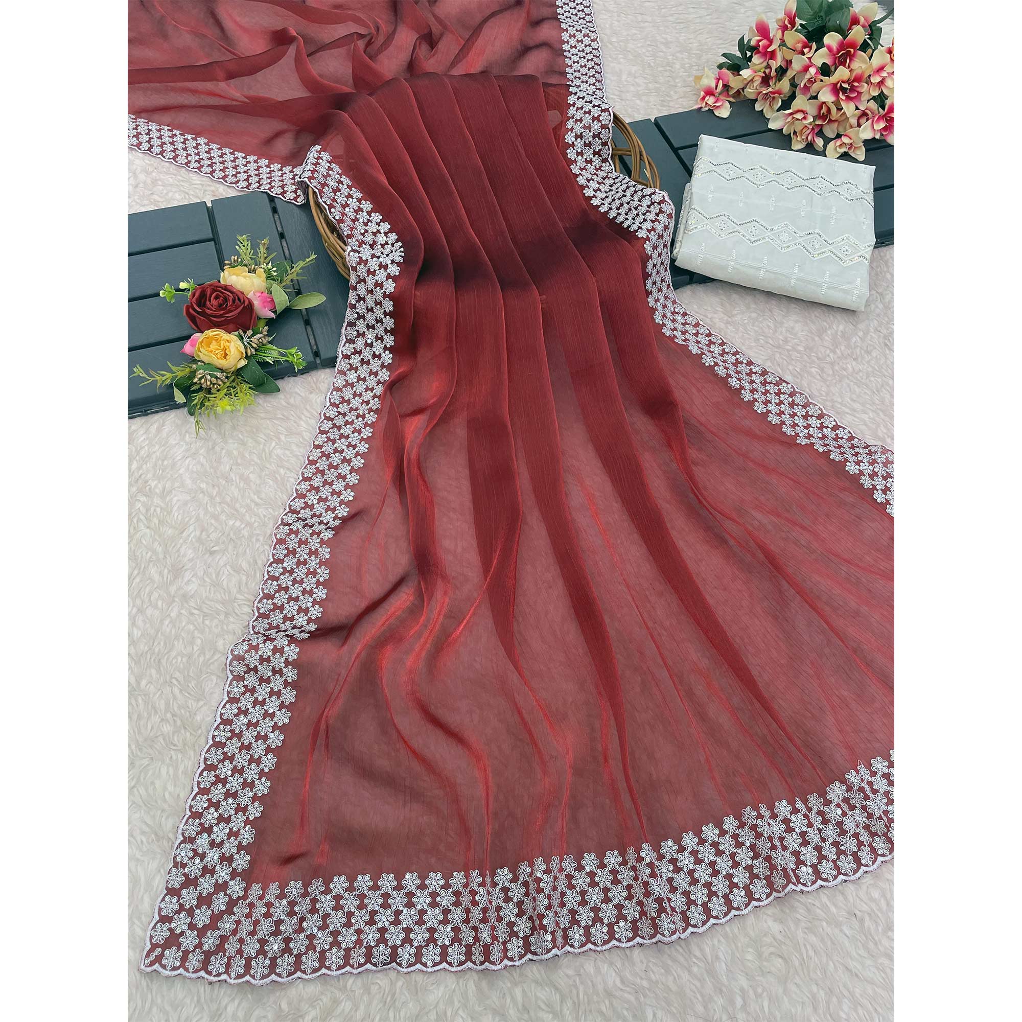 Maroon Sequins Embroidered Chiffon Saree