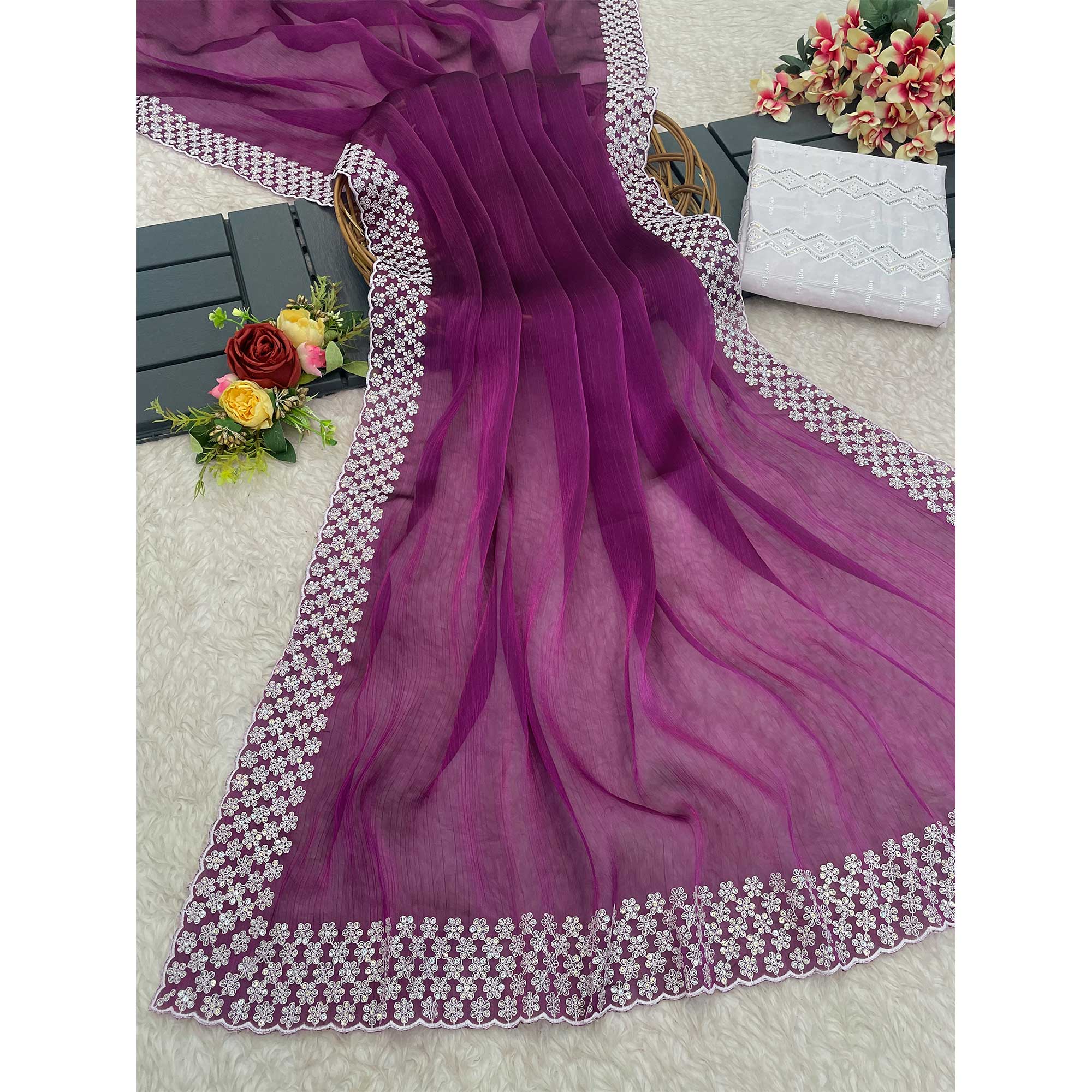 Purple Sequins Embroidered Chiffon Saree