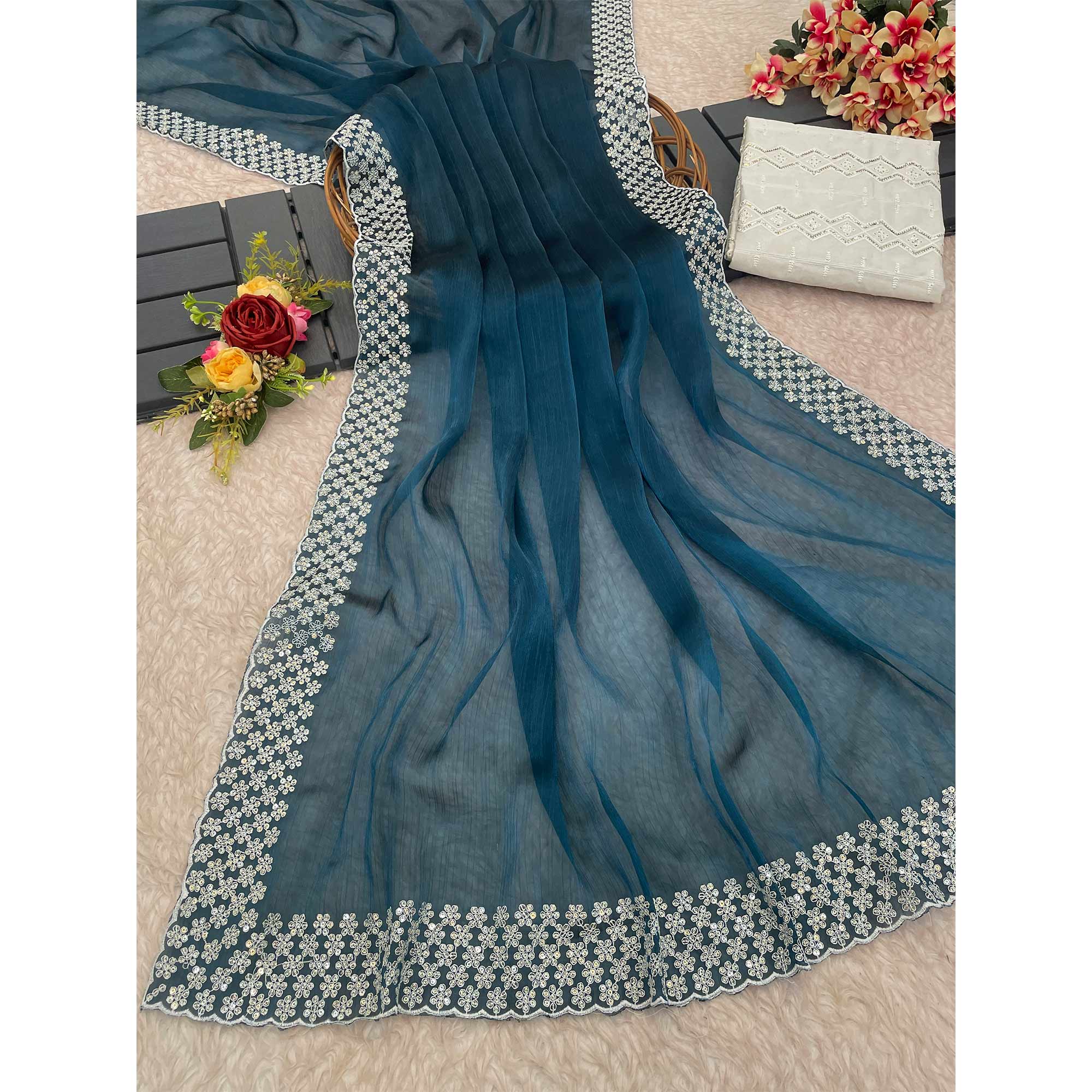 Teal Sequins Embroidered Chiffon Saree