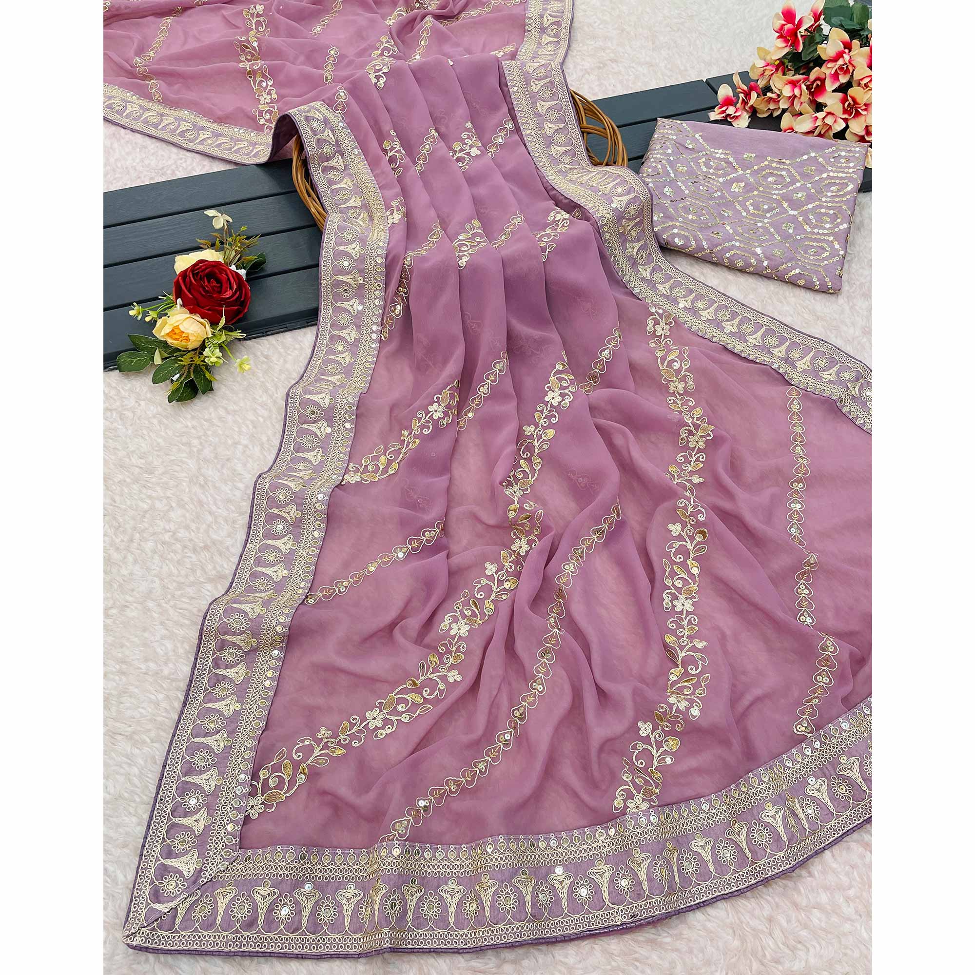 Onion Pink Sequins Embroidered Georgette Saree
