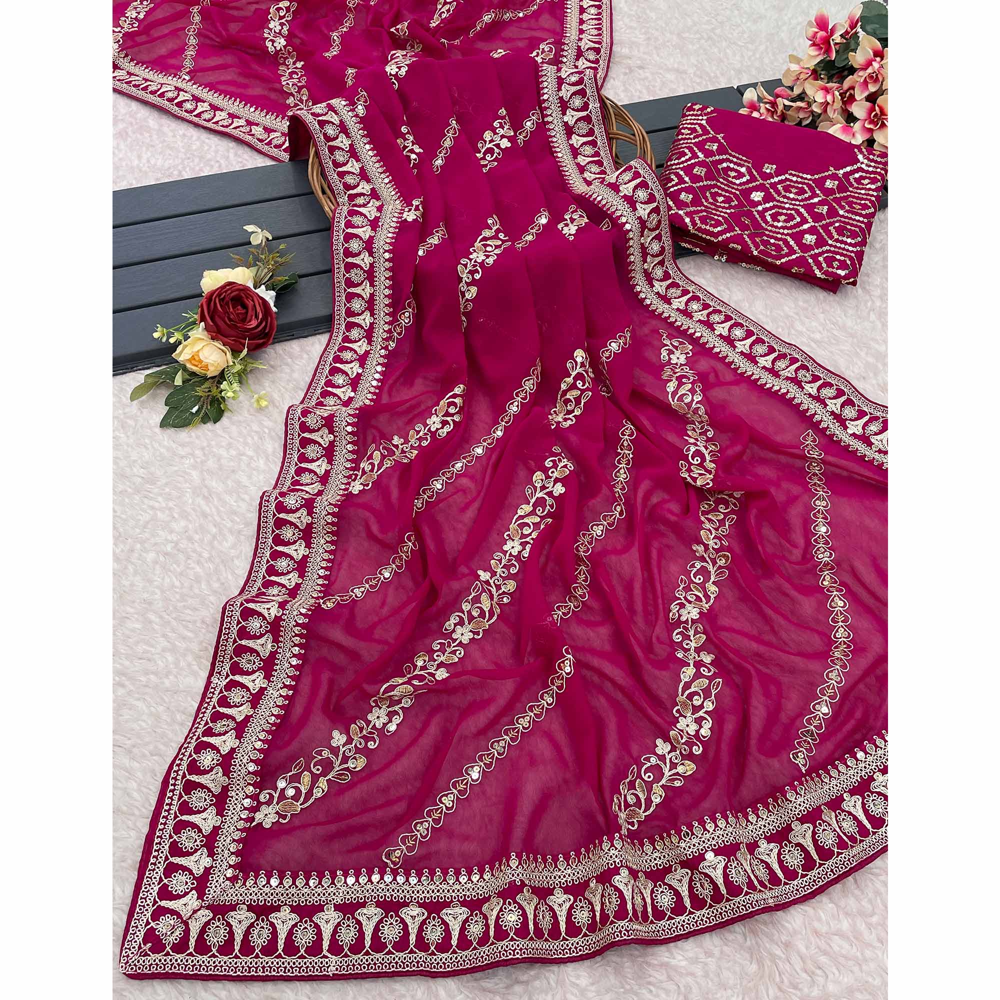 Pink Sequins Embroidered Georgette Saree