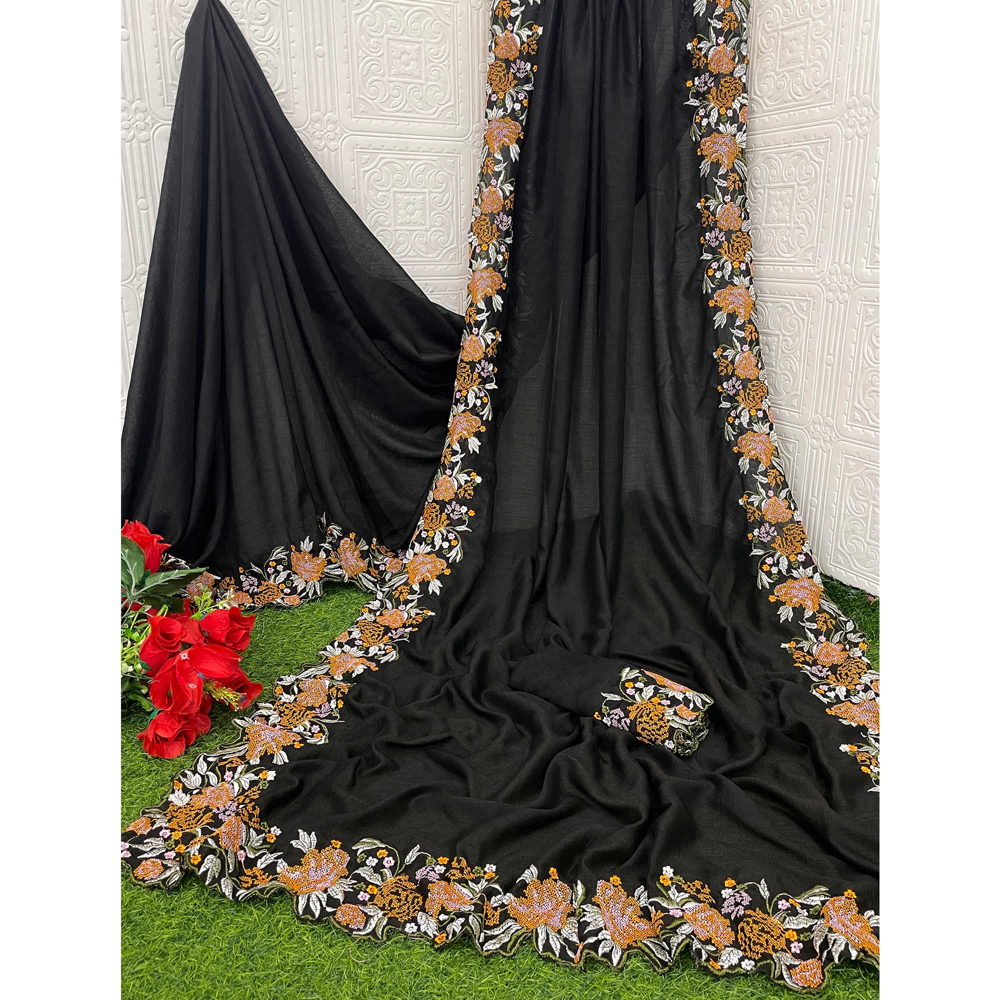 Black Embroidery Vichitra Silk Saree With Floral Border