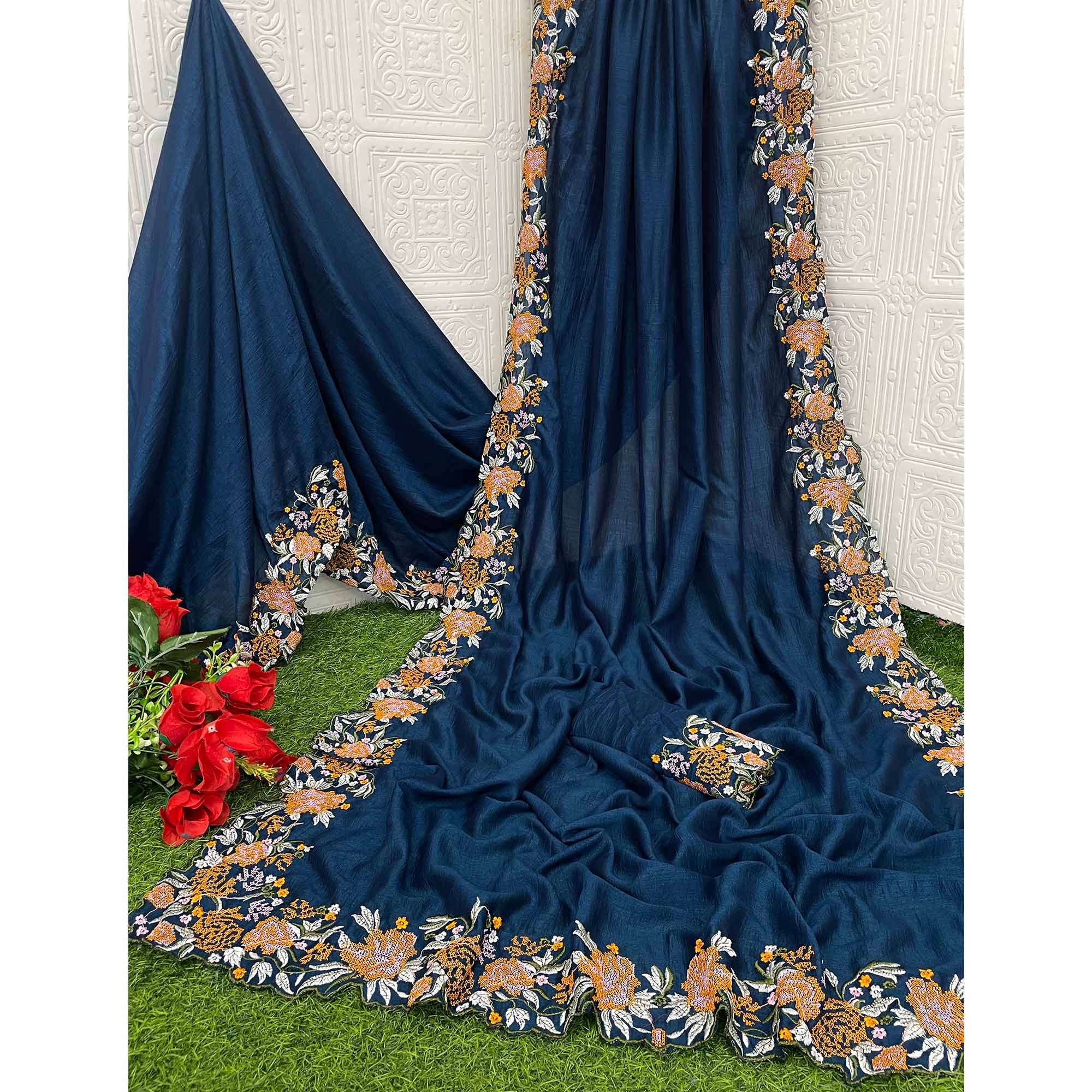 Blue Embroidery Vichitra Silk Saree With Floral Border