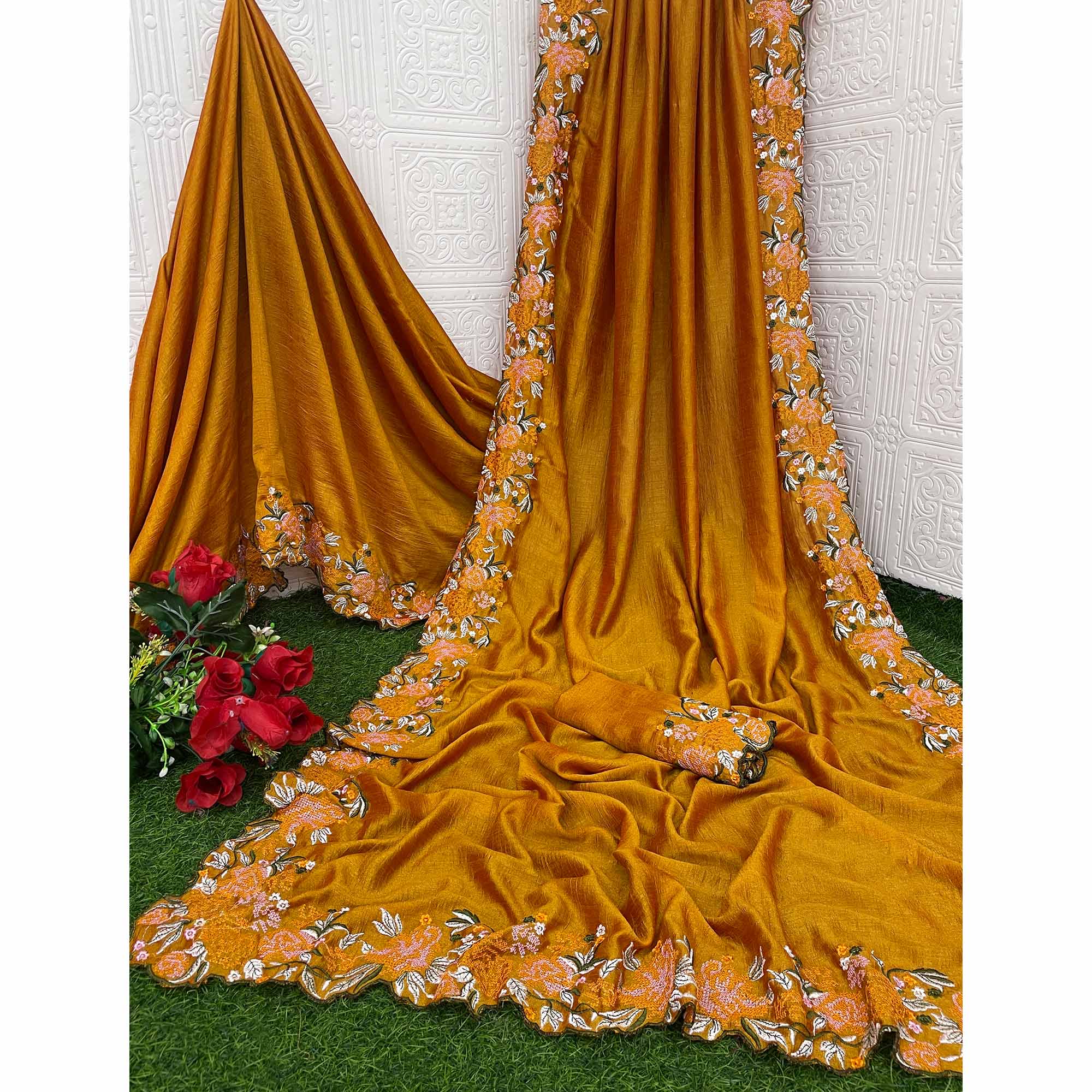 Mustard Embroidery Vichitra Silk Saree With Floral Border
