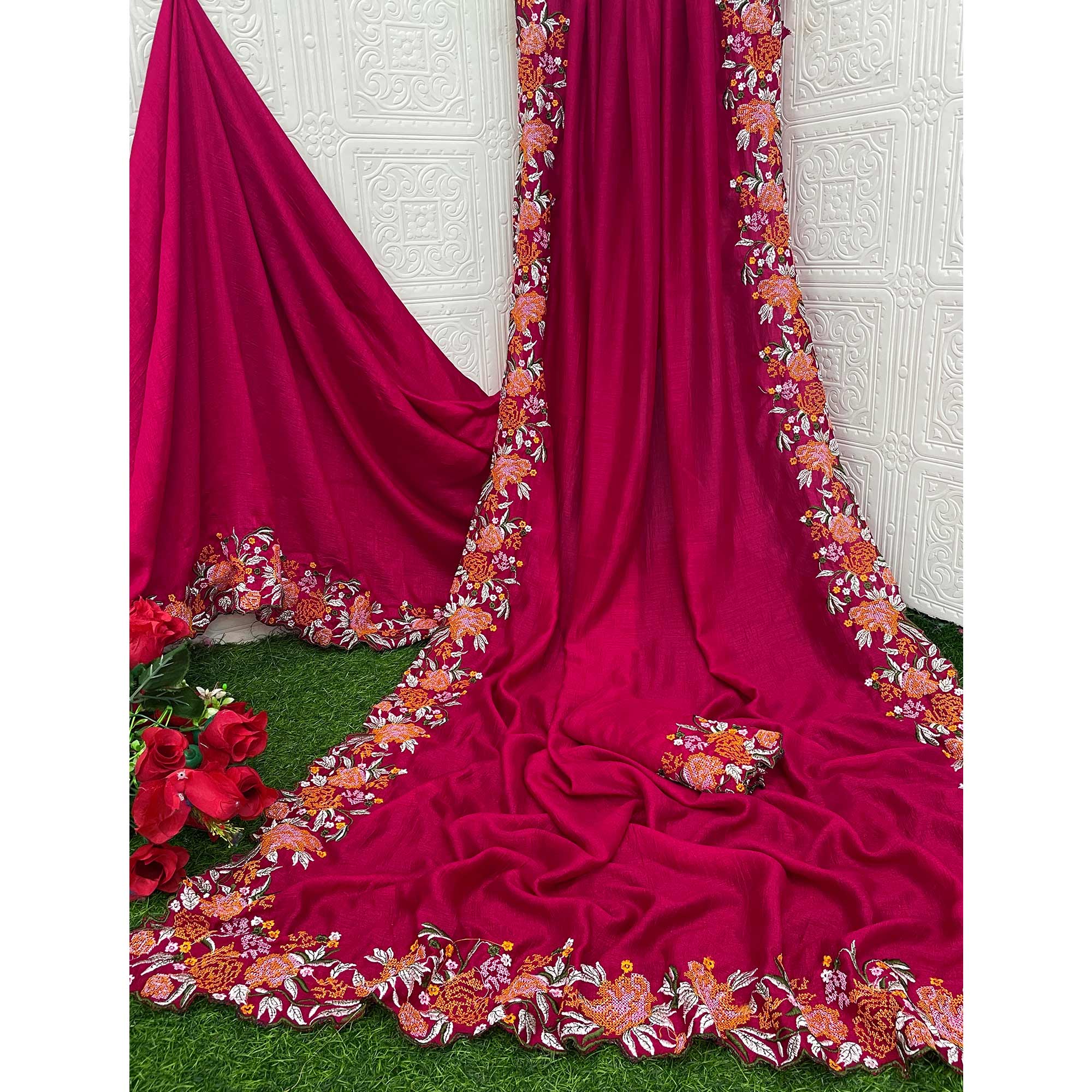 Pink Embroidery Vichitra Silk Saree With Floral Border