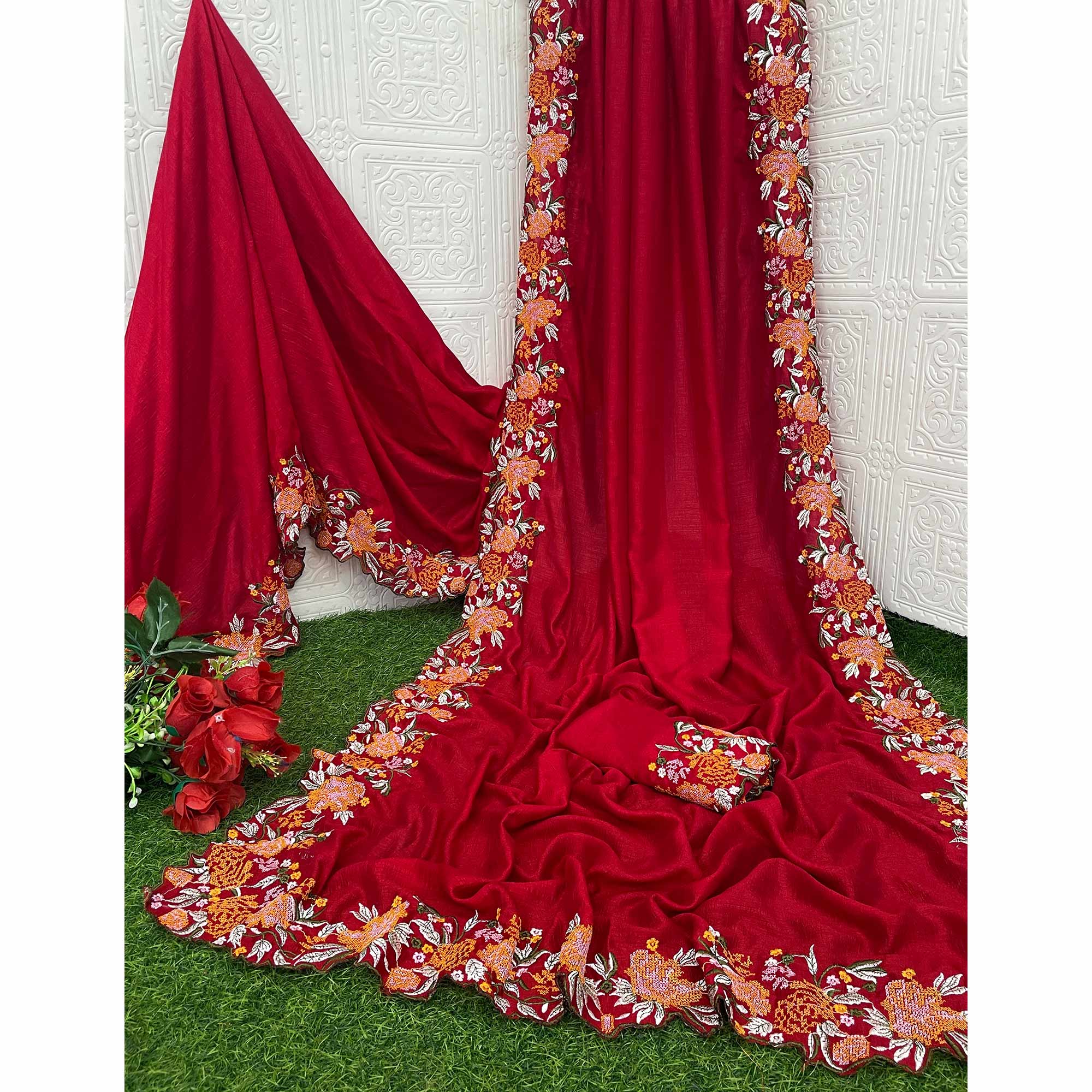 Red Embroidery Vichitra Silk Saree With Floral Border
