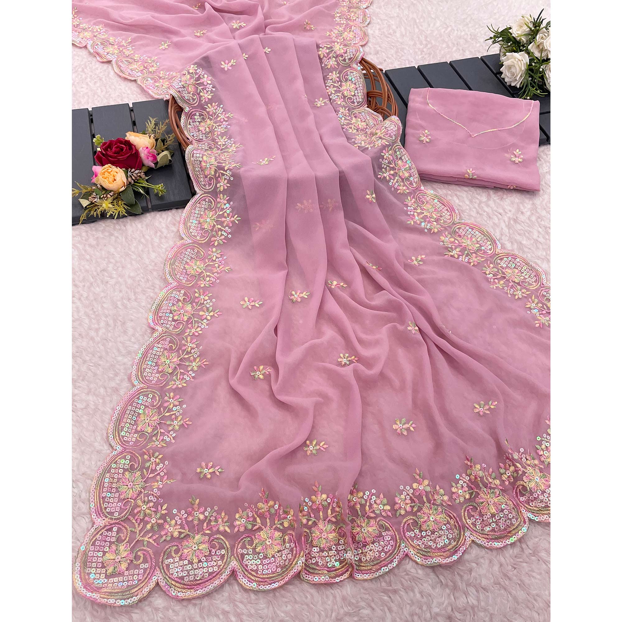 Pink Floral Sequins Embroidered Georgette Saree
