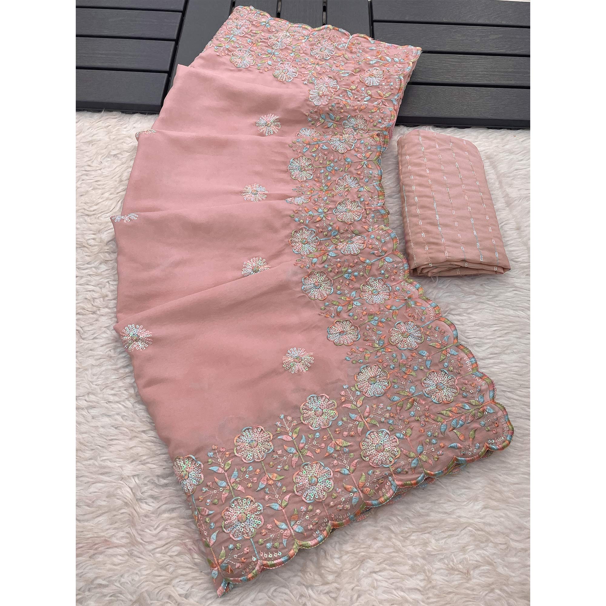 Dusty Pink Floral Sequins Embroidered Crepe Silk Saree