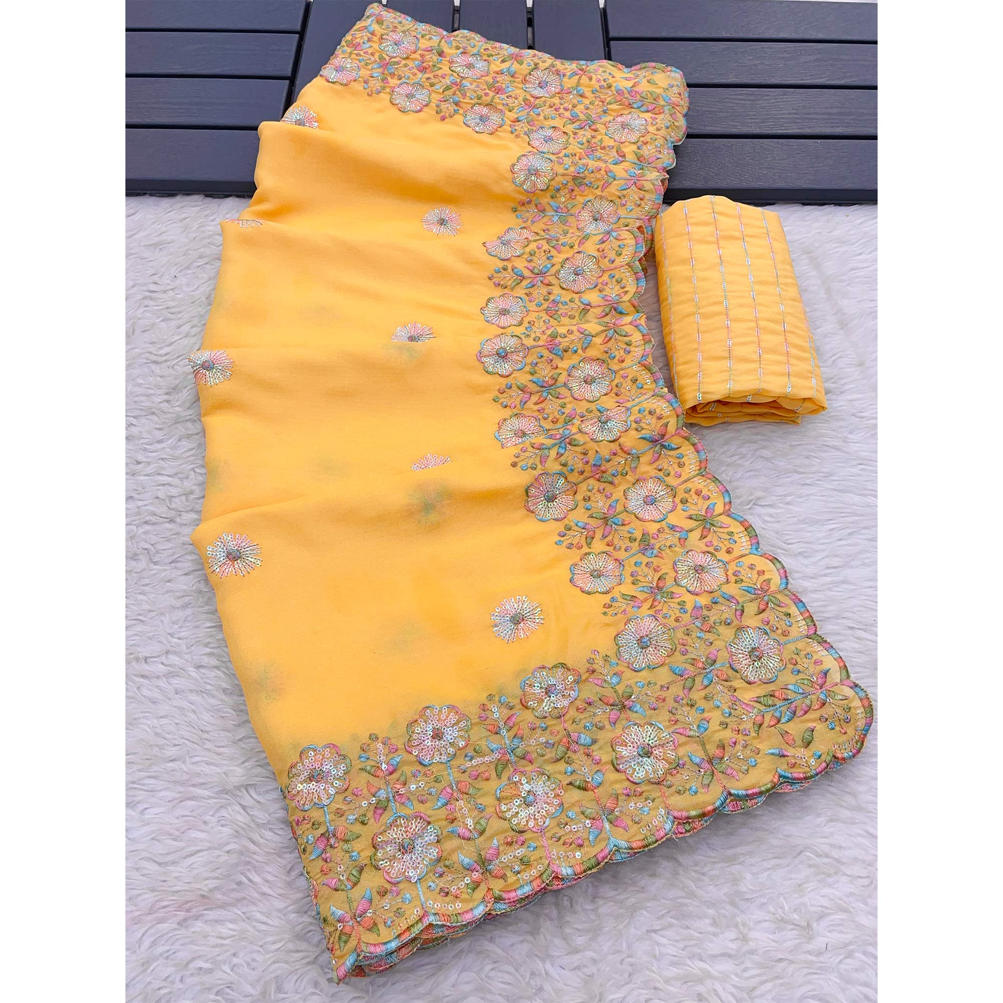 Yellow Floral Sequins Embroidered Crepe Silk Saree