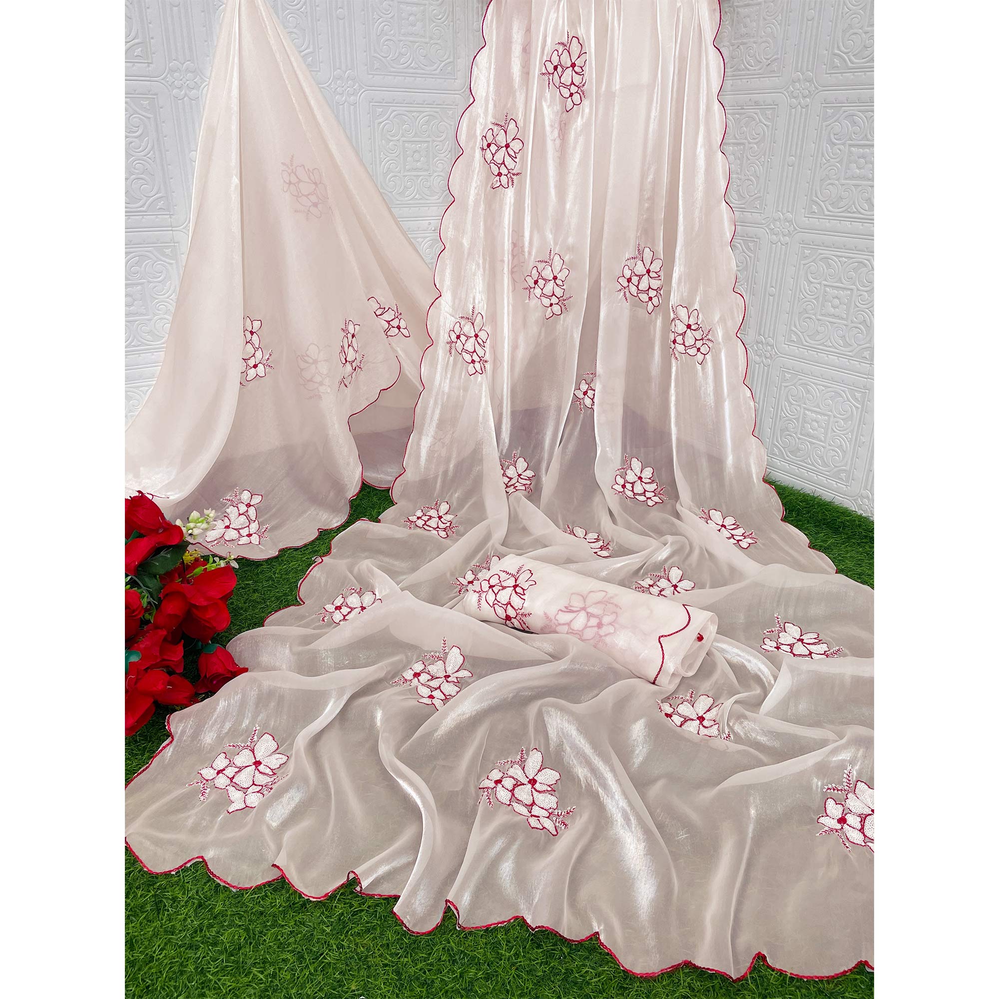 White Sequins Embroidered Satin Saree
