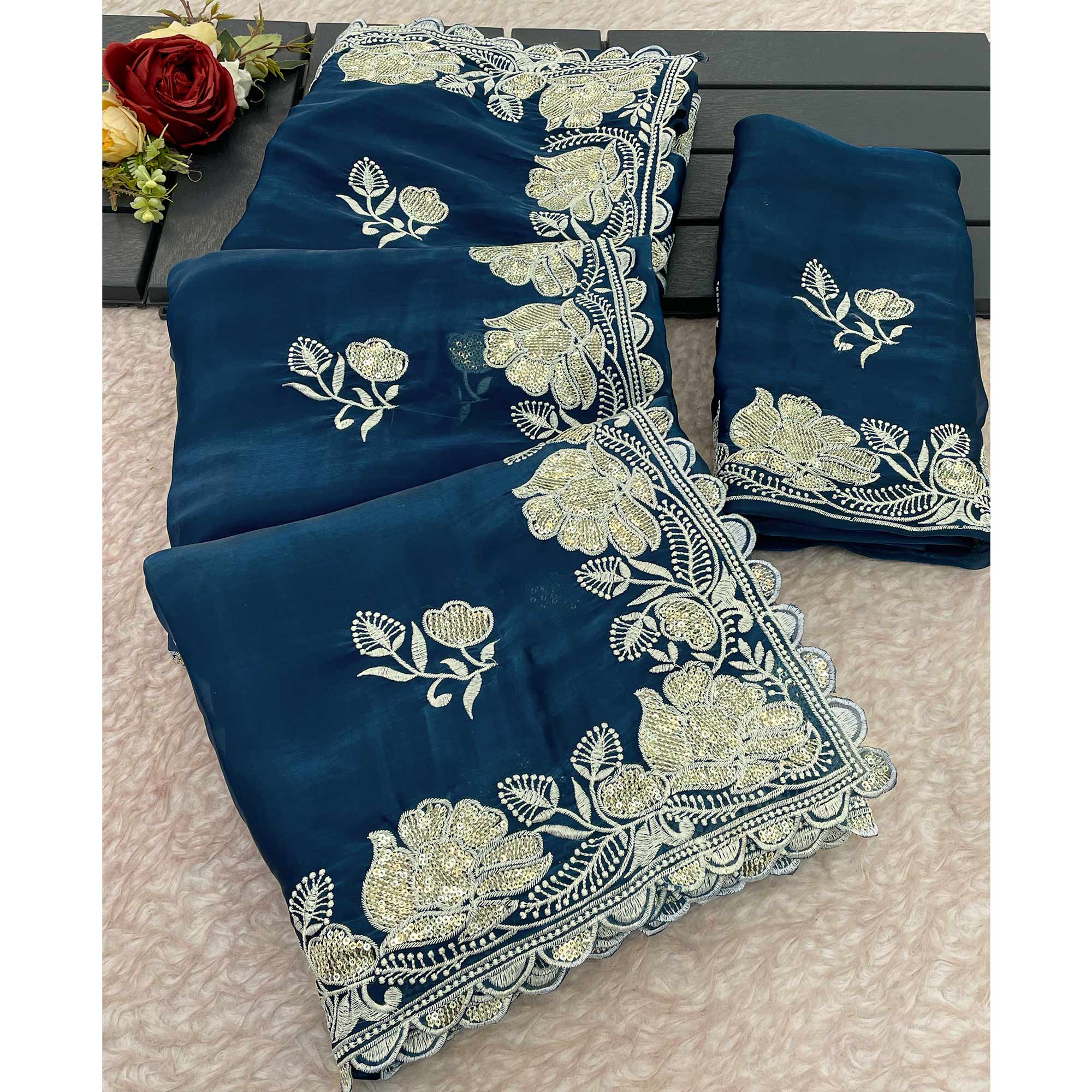 Blue Floral Embroidered Satin Saree