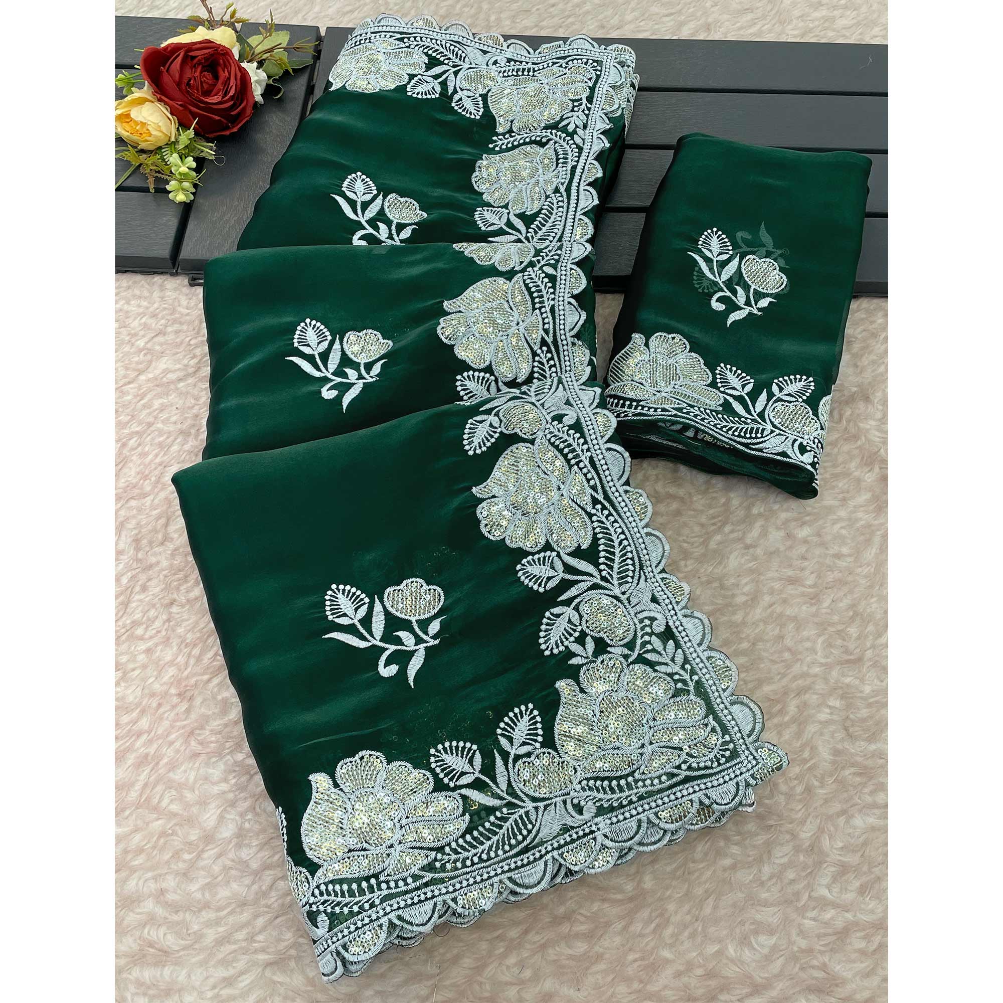 Green Floral Embroidered Satin Saree