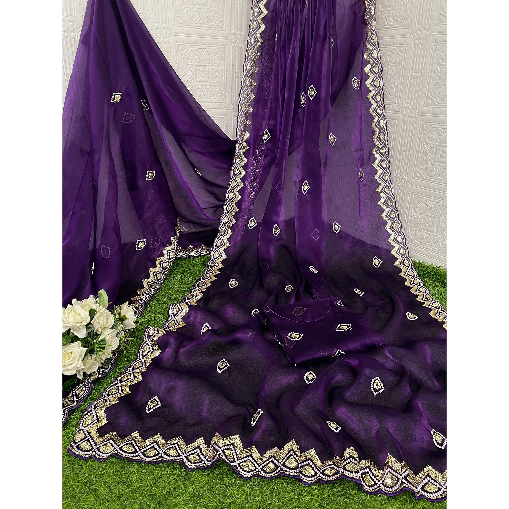 Violet Sequins Embroidered Satin Saree