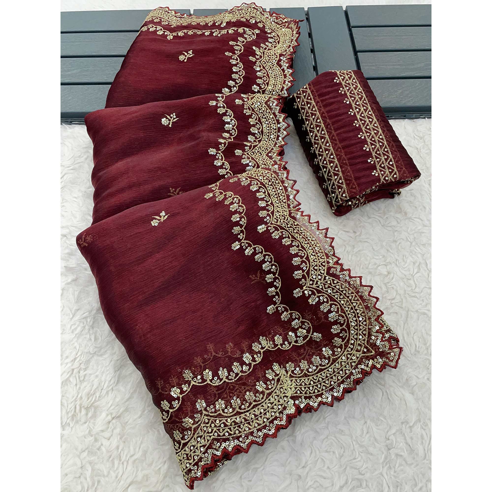 Maroon Embroidered Chiffon Saree
