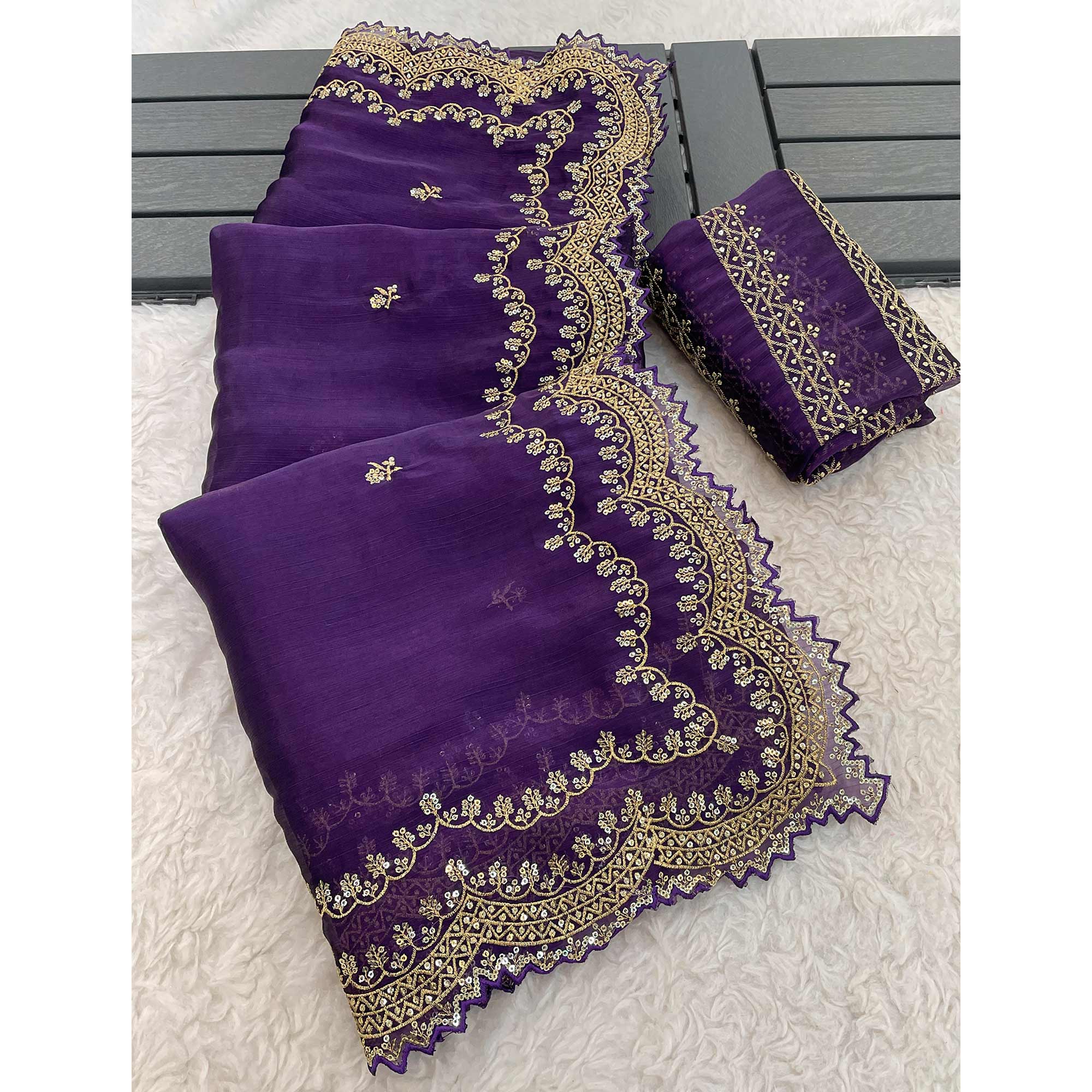 Purple Embroidered Chiffon Saree