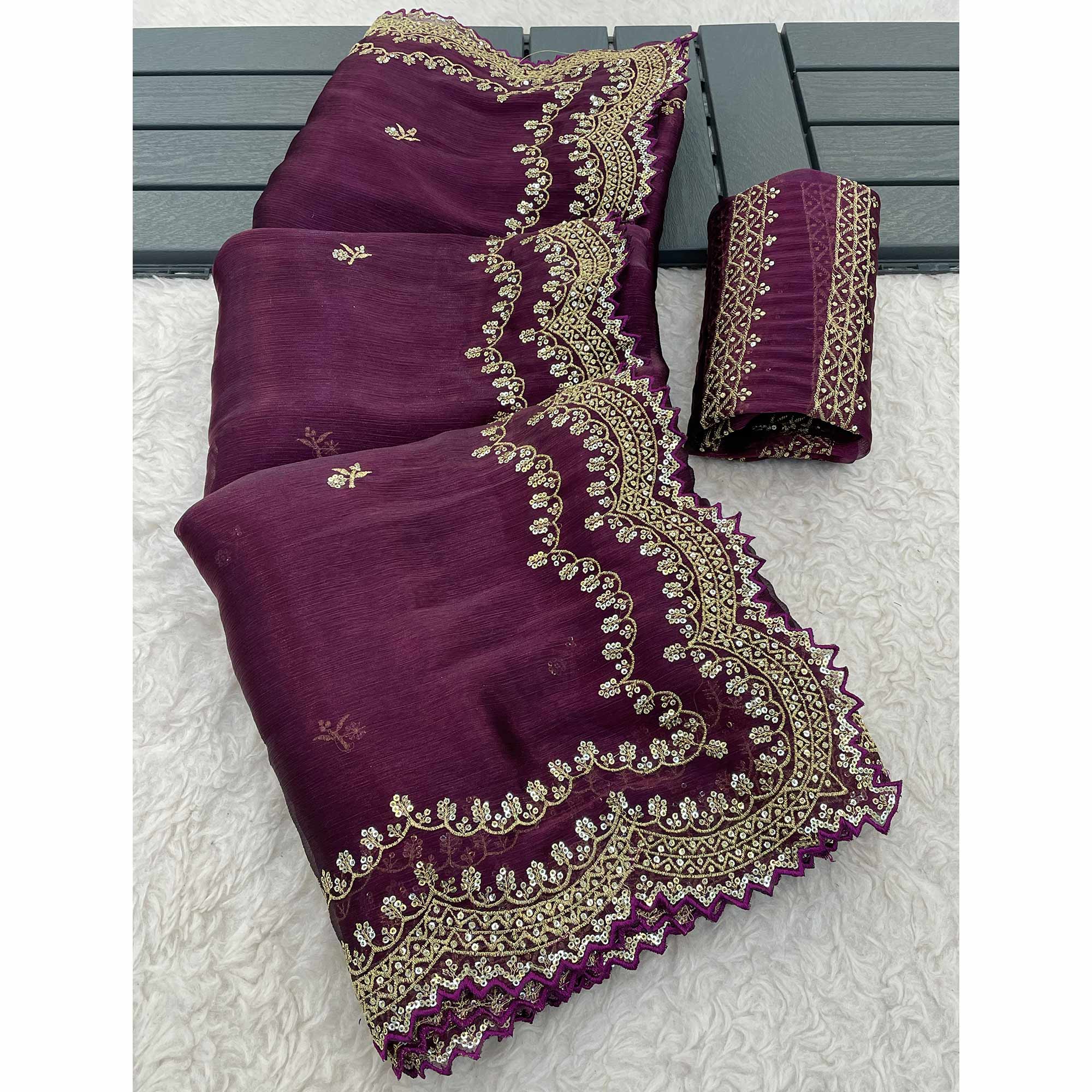 Wine Embroidered Chiffon Saree