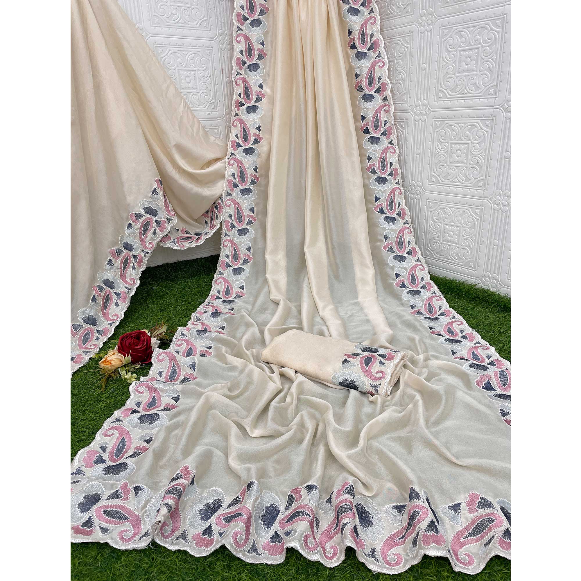 Cream Floral Embroidered Vichitra Silk Saree