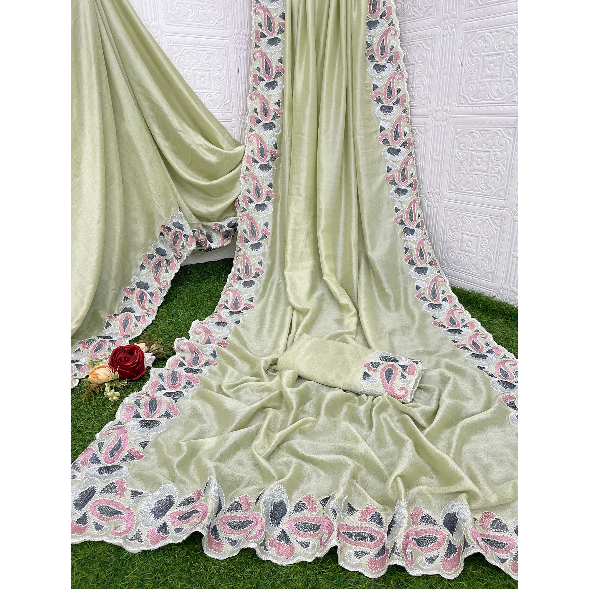 Green Floral Embroidered Vichitra Silk Saree