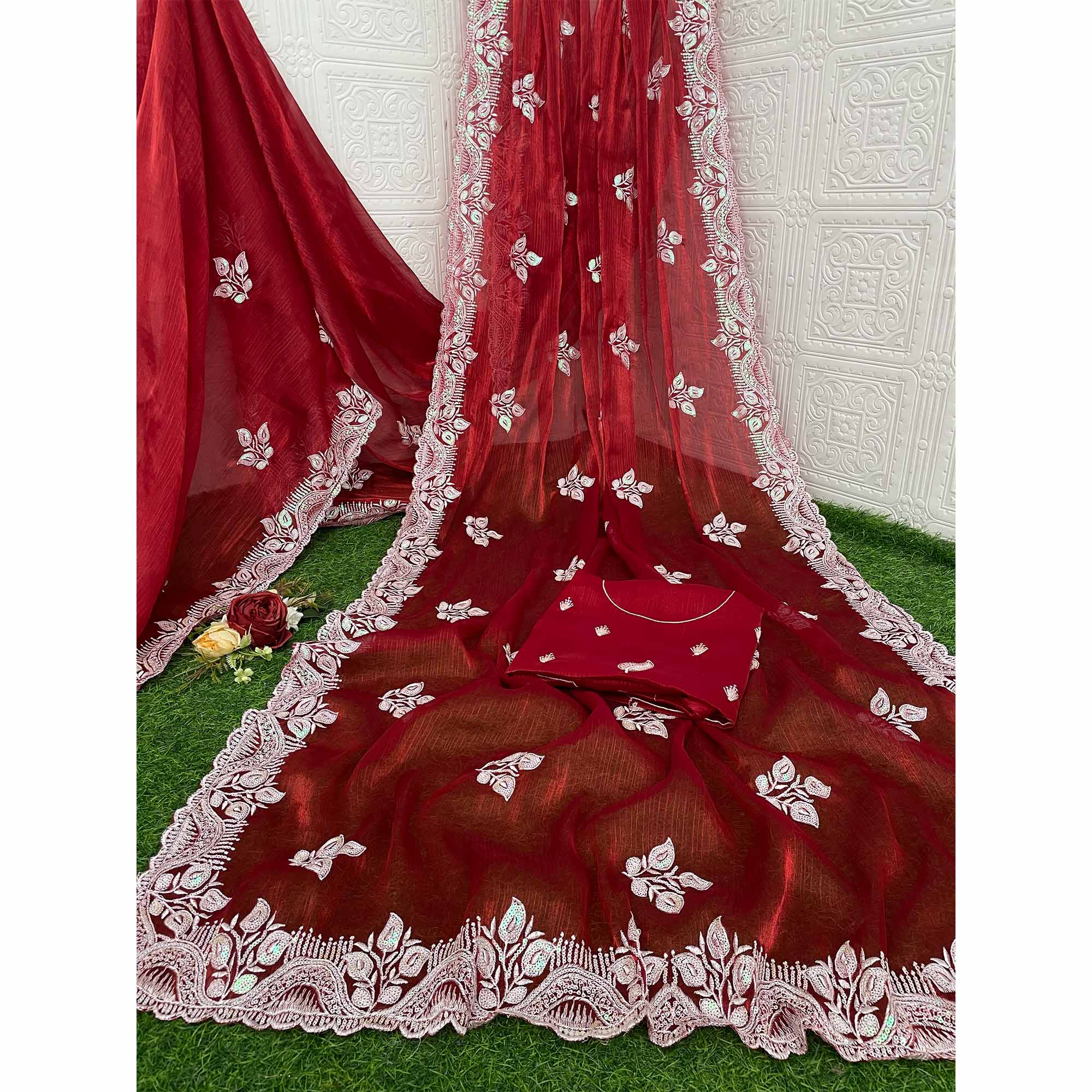 Maroon Sequins Embroidered Chiffon Saree