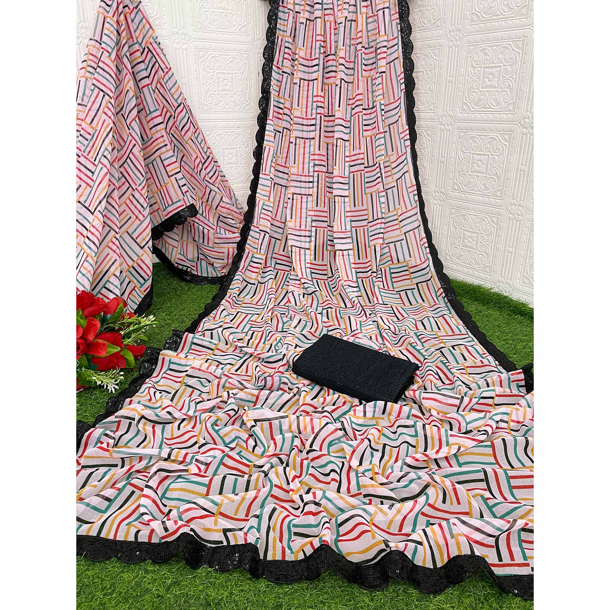 White Printed Georgette Saree With Sequins Border