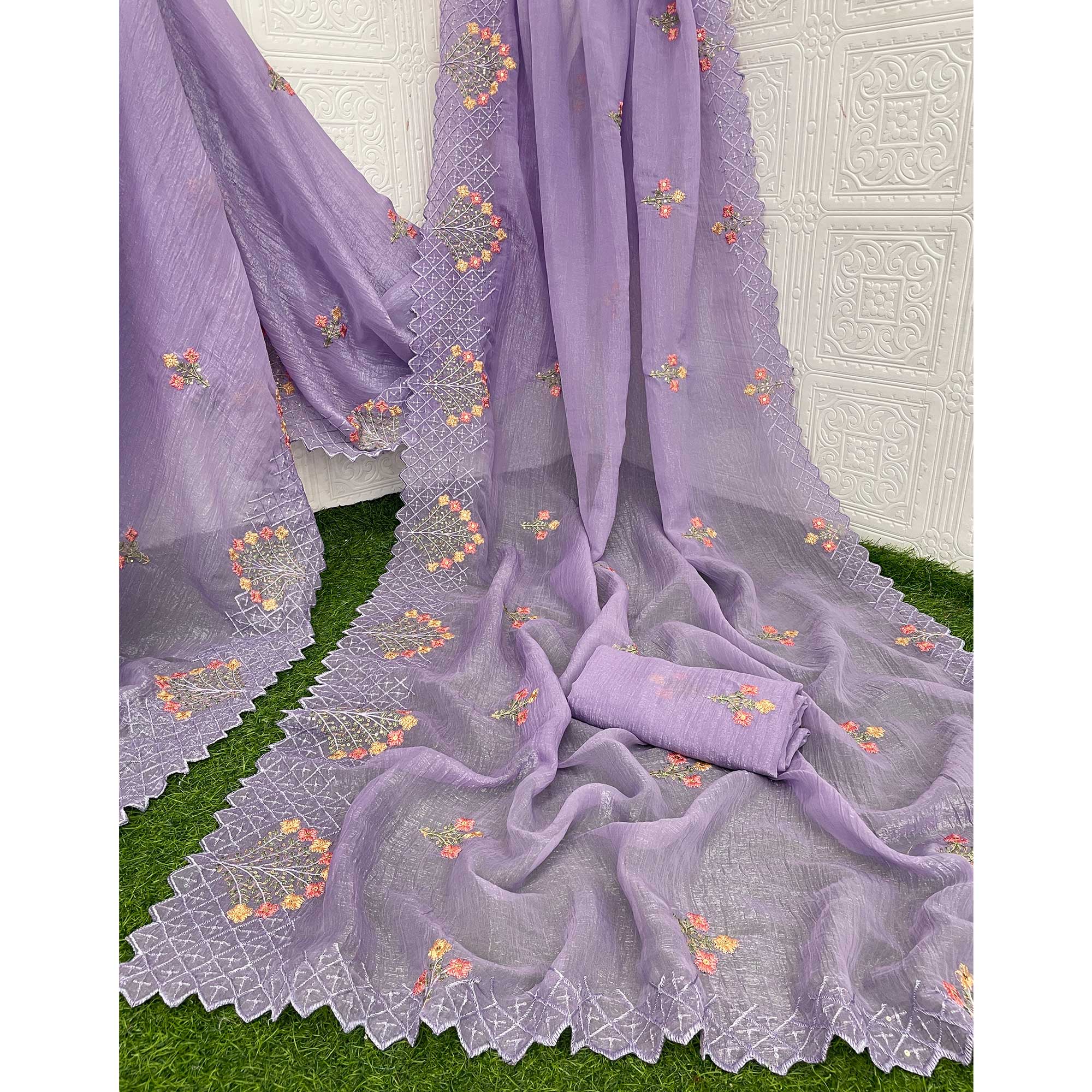 Lavender Floral Sequins Embroidered Art Silk Crush Saree
