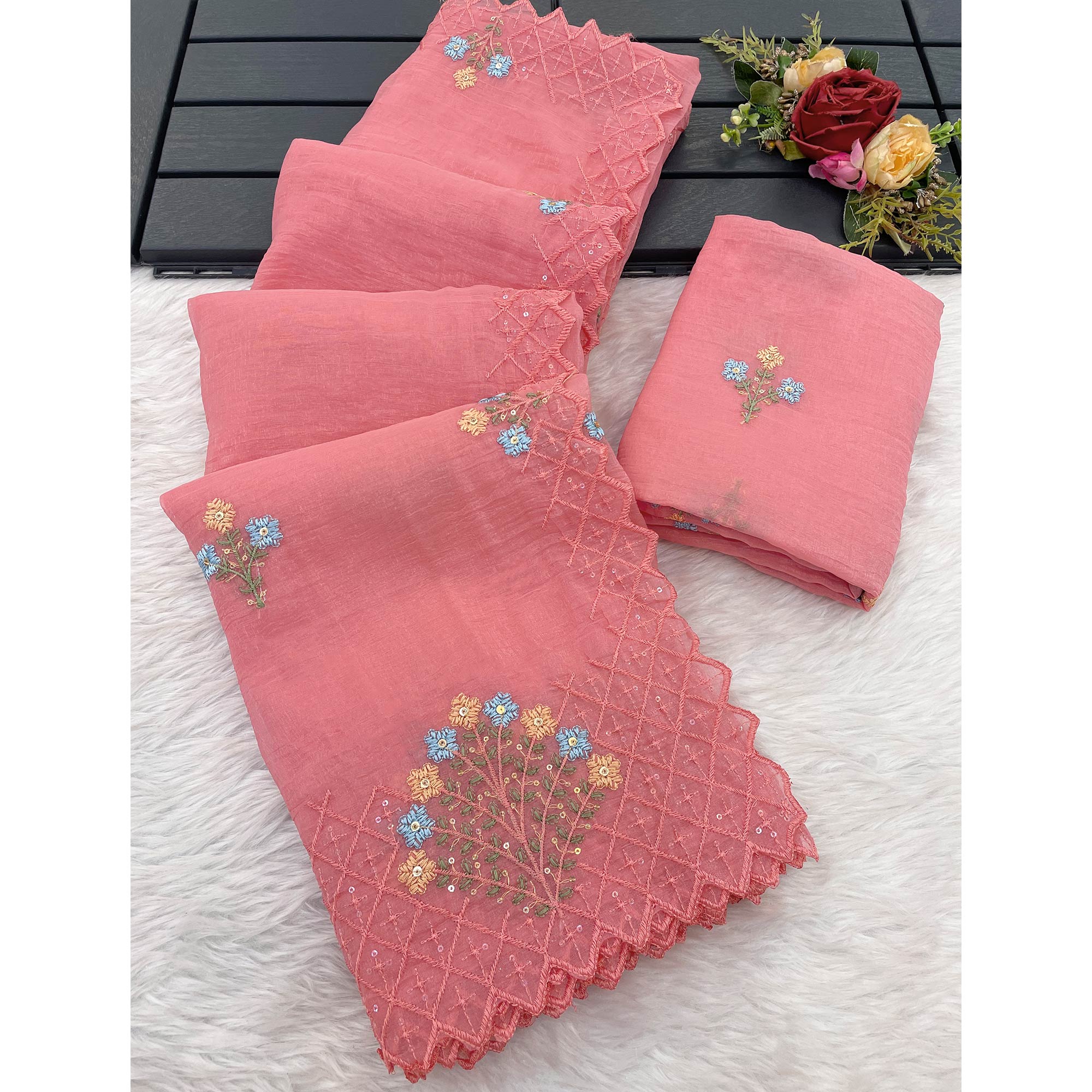 Peach Floral Sequins Embroidered Art Silk Crush Saree