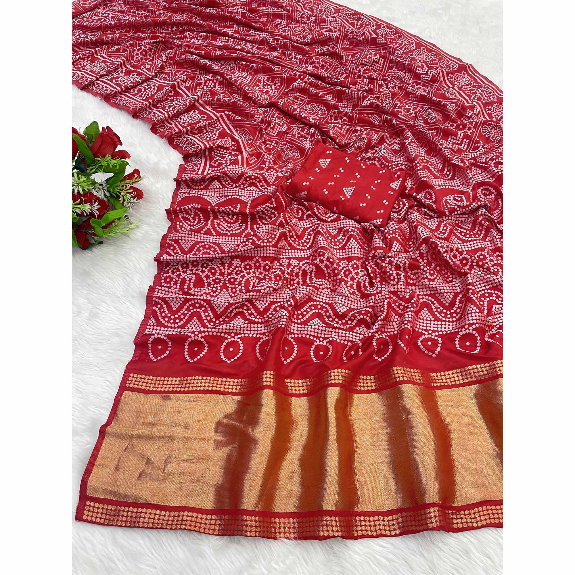 Red Bandhani Zari Woven Dola Silk Saree