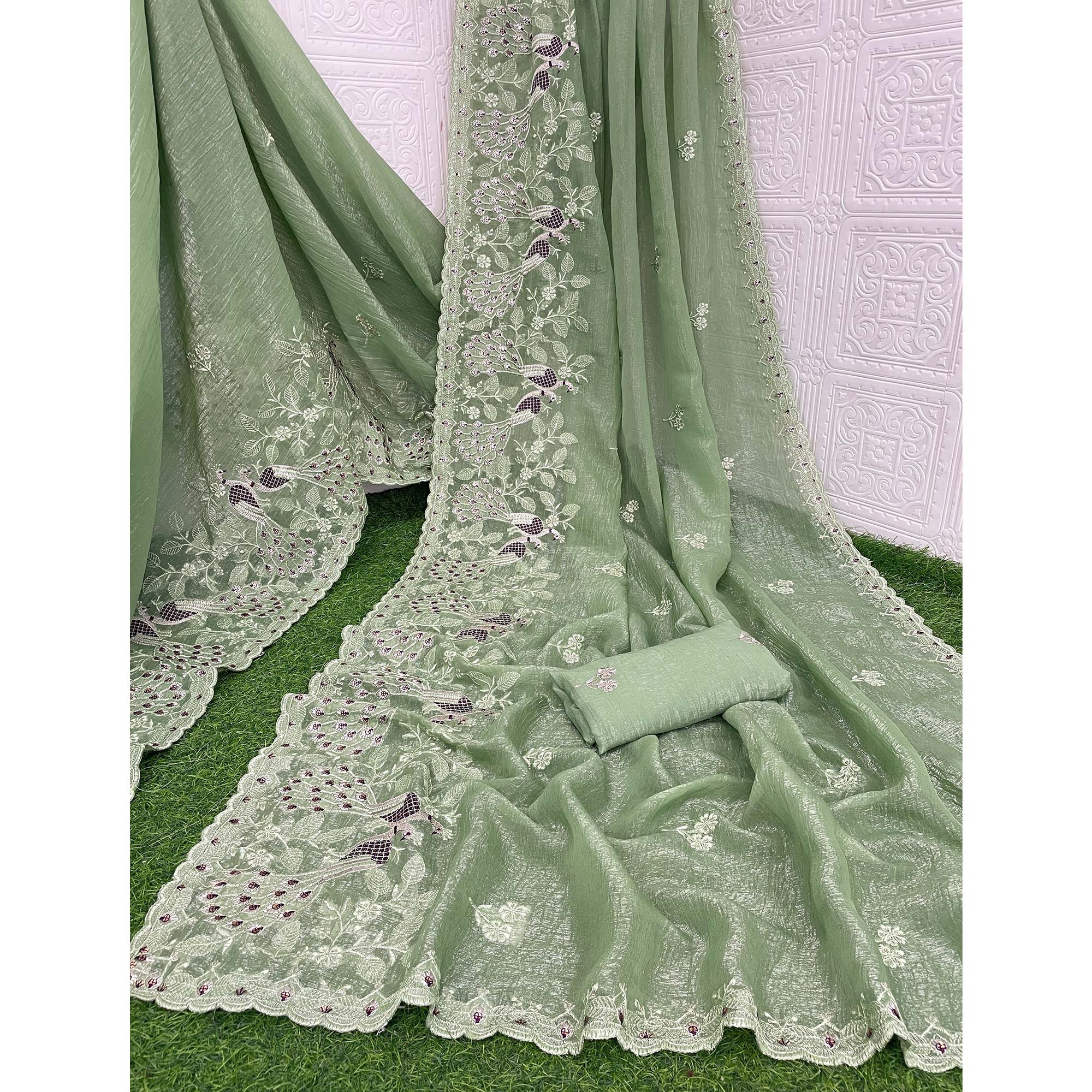 Green Floral Sequins Embroidered Art Silk Crush Saree