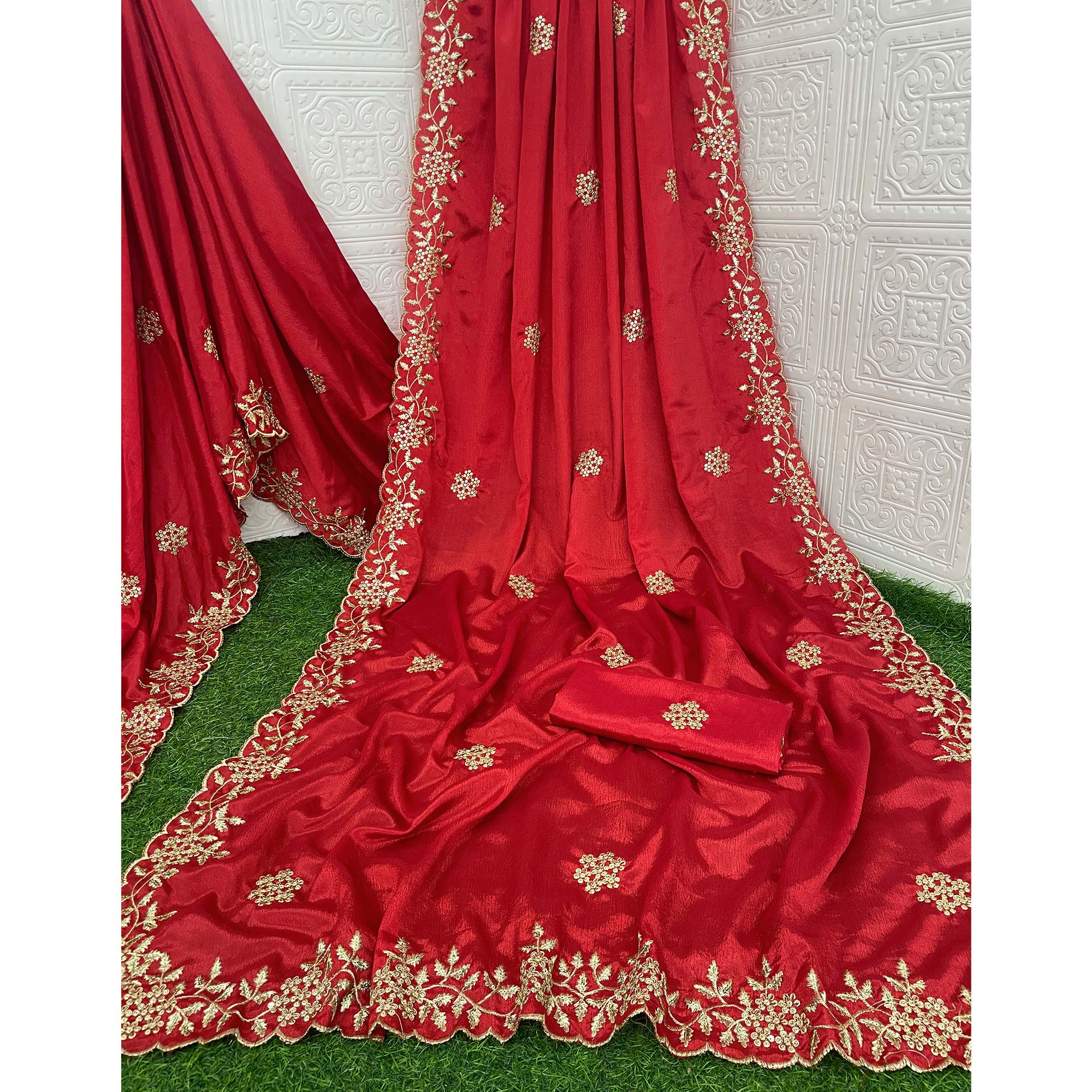 Red Floral Sequins Embroidered Chinon Saree
